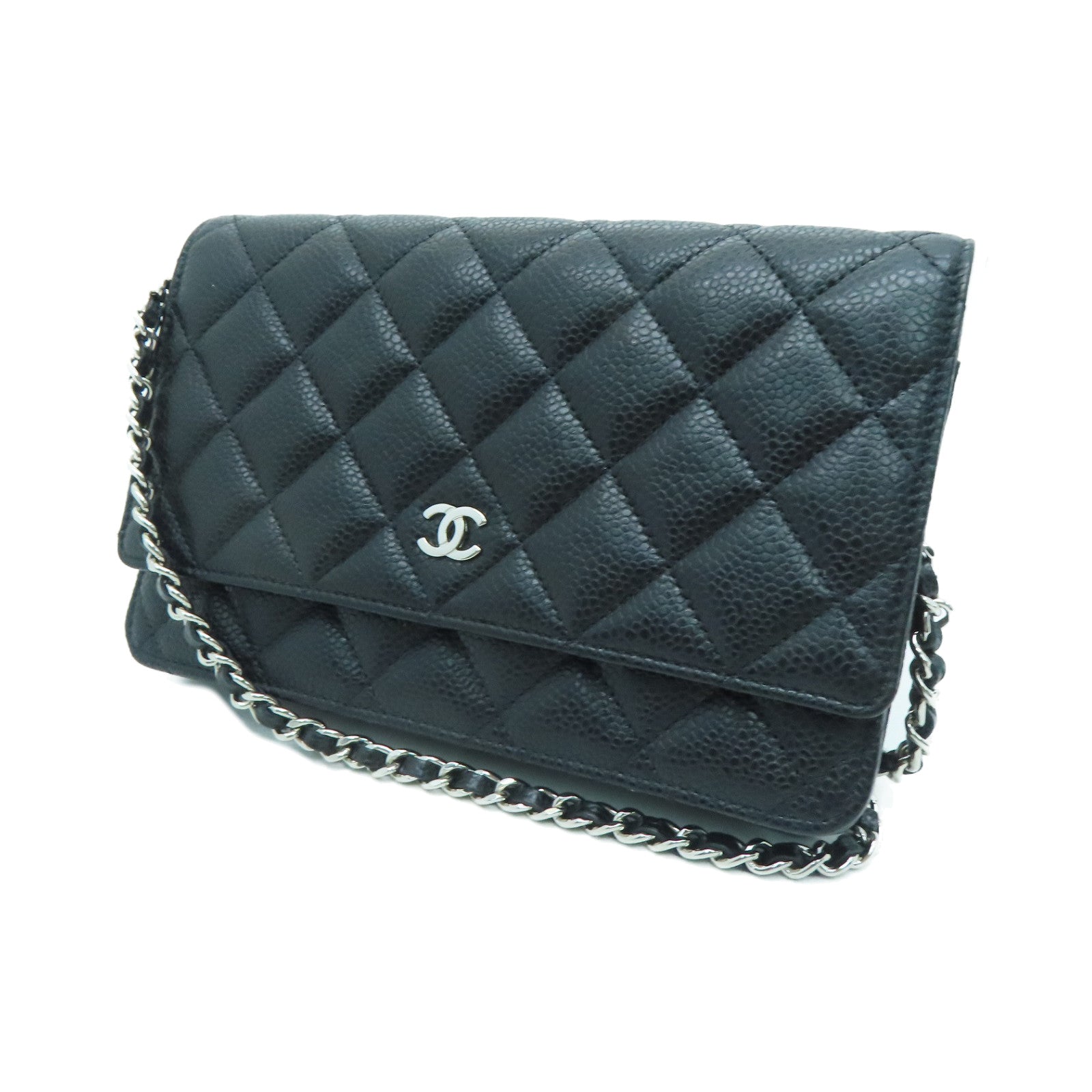 CHANEL 菱格Cavier皮革Chain Shoulder Bag銀扣鏈帶肩背袋黑色