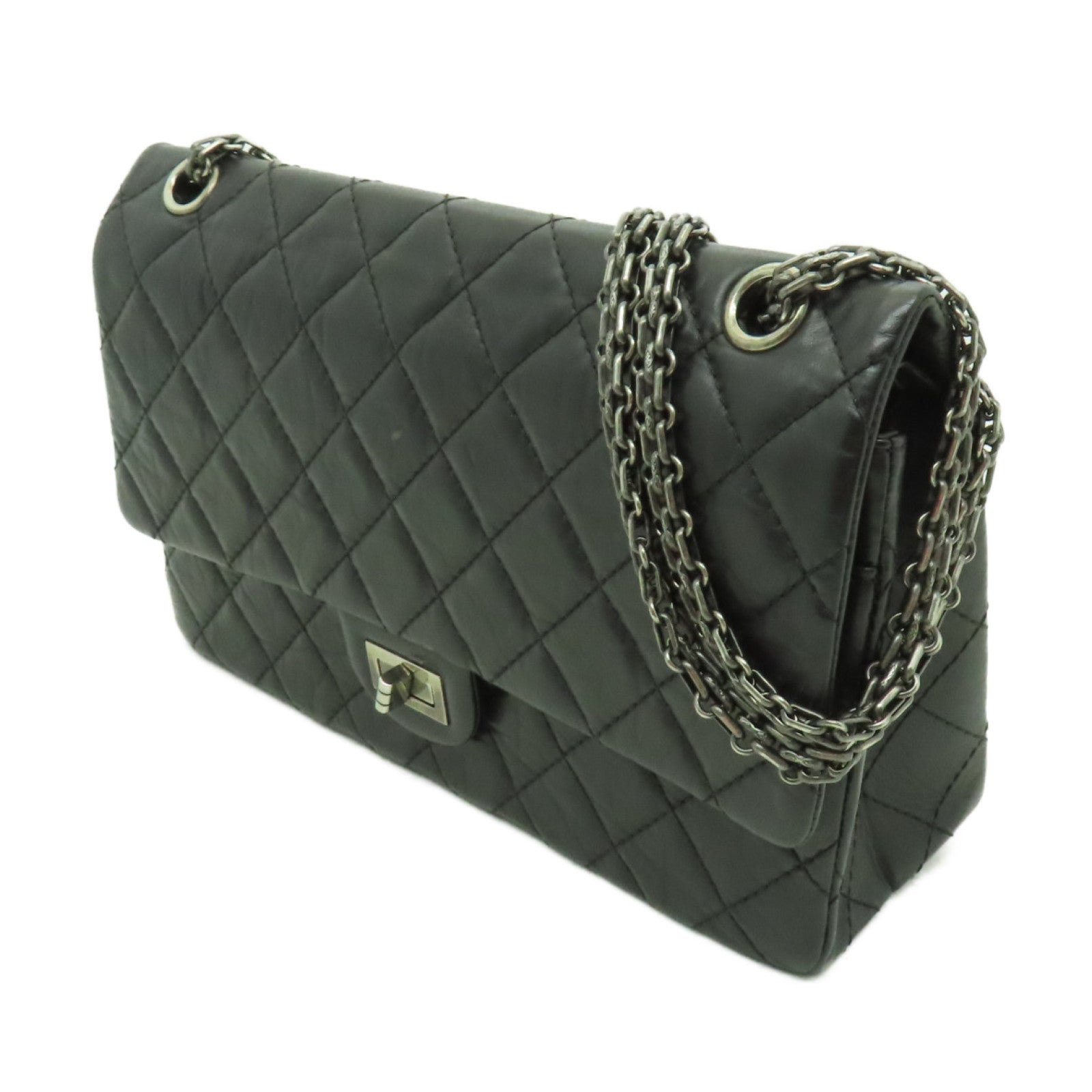 CHANEL 【激減優惠】菱格Aged Calf皮革2.55銀扣鏈帶肩背袋黒色