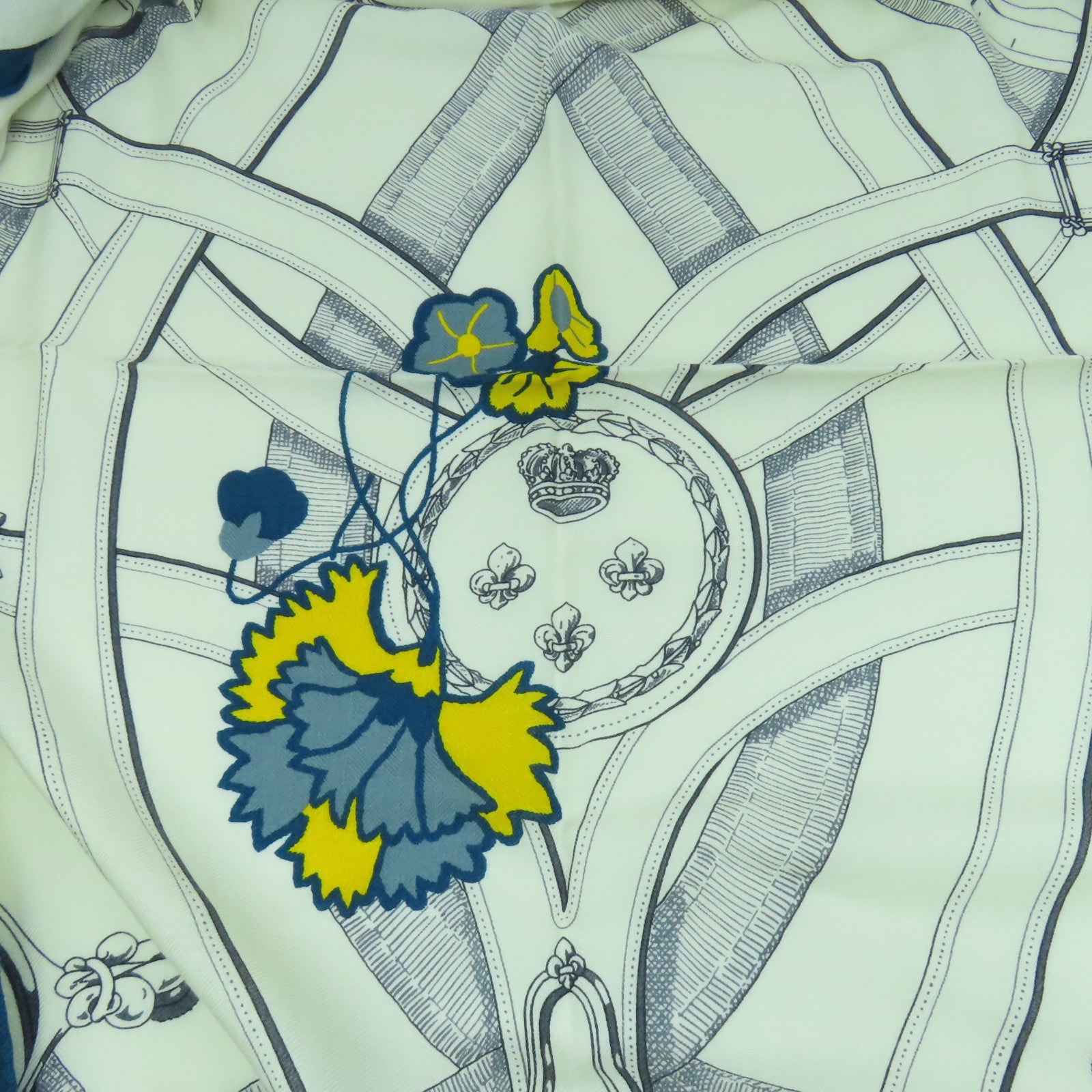 HERMES 羊絨/絲質Scarf 140X140圍巾米色/藍色/黃色