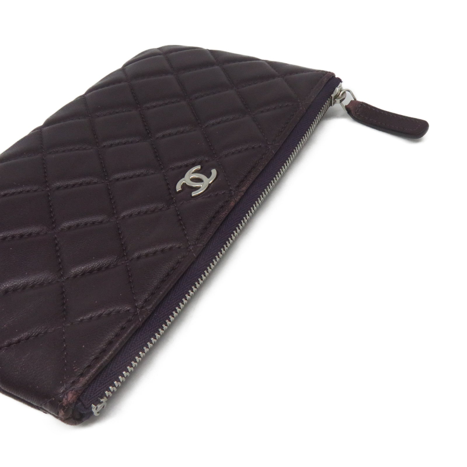 CHANEL rhombic sheepskin leather Pouch Wallet silver buckle zipper long wallet purple