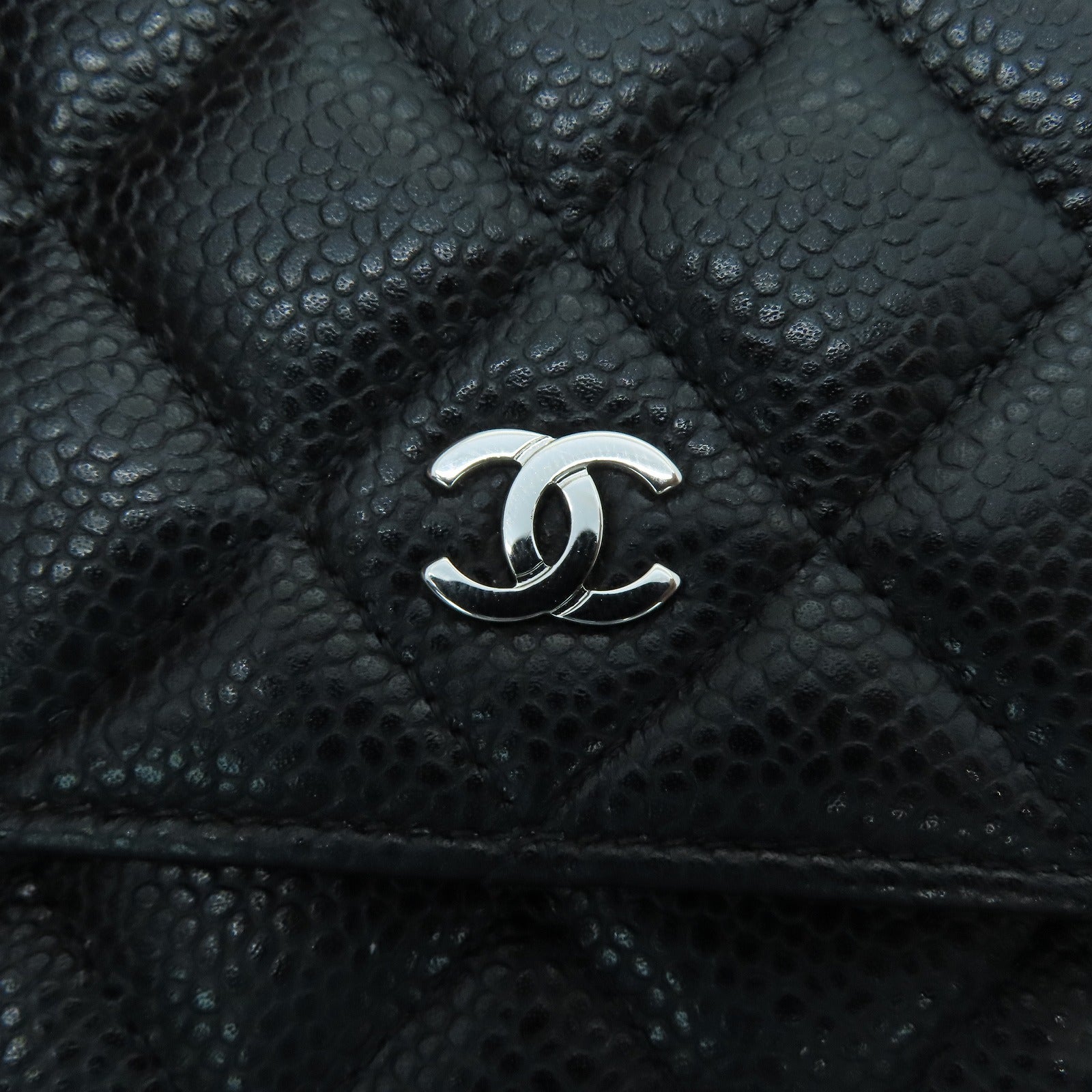 CHANEL 菱格Cavier皮革Chain Shoulder Bag銀扣鏈帶肩背袋黑色