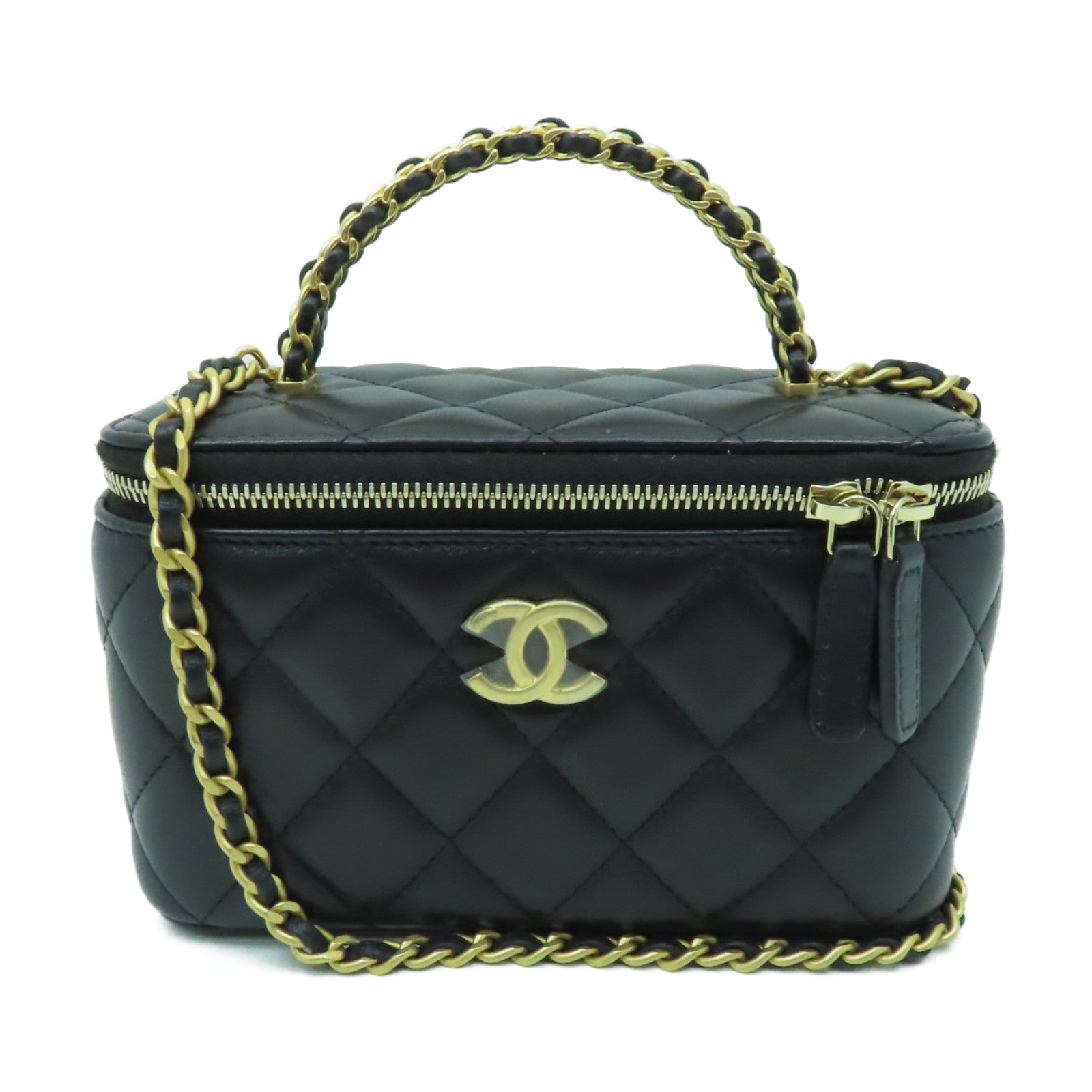 CHANEL 菱格羊皮皮革Vanity Case金扣手挽肩背兩用袋黒色