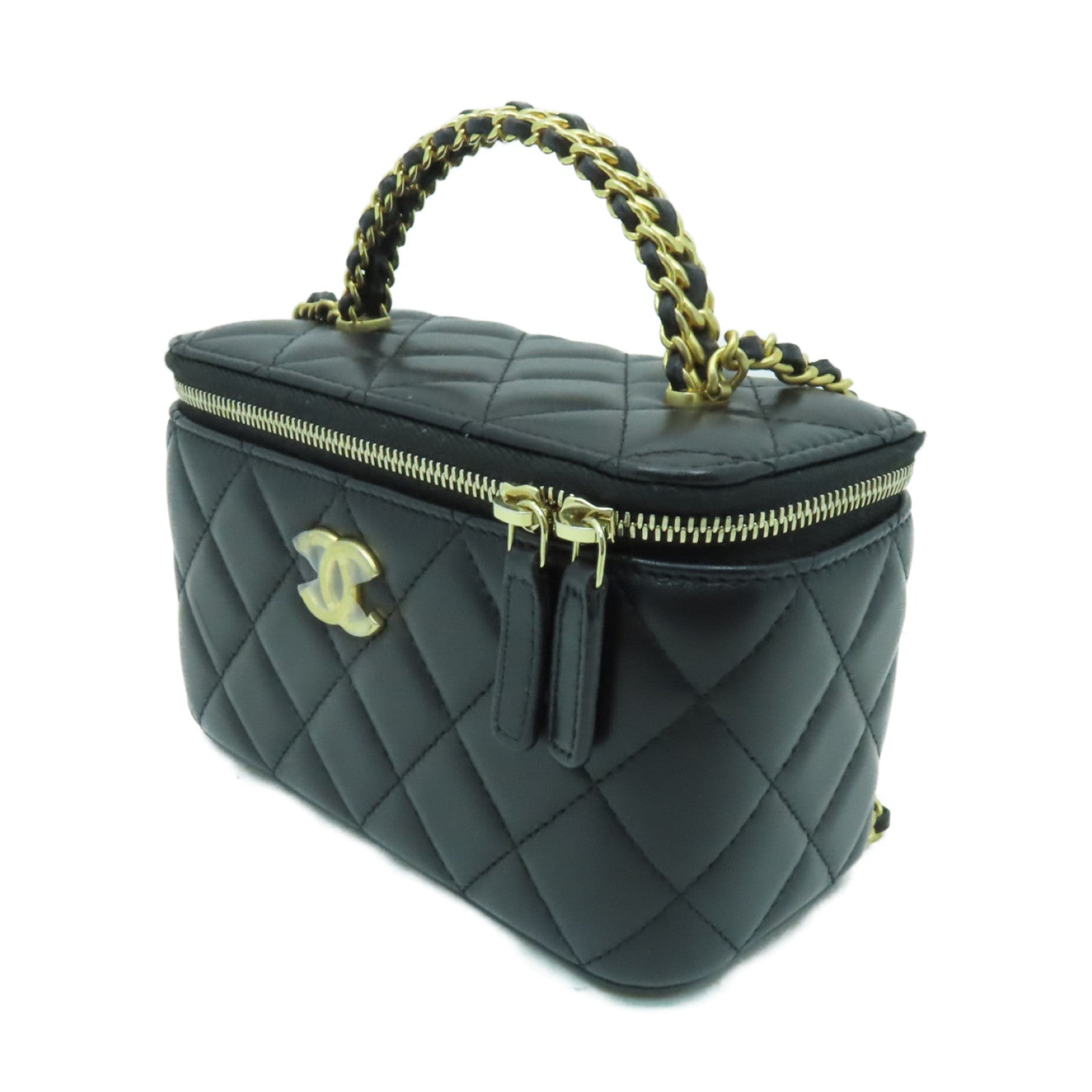 CHANEL 菱格羊皮皮革Vanity Case金扣手挽肩背兩用袋黒色