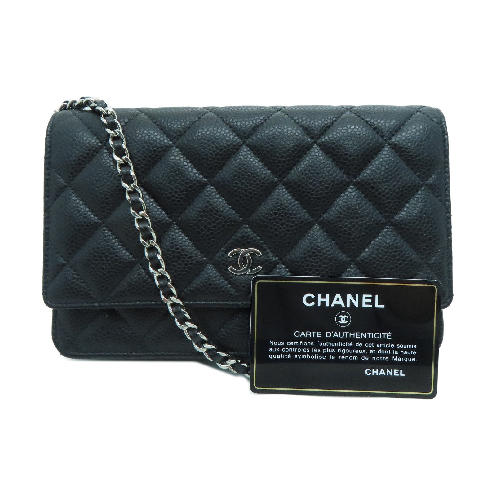 CHANEL 菱格Cavier皮革Chain Shoulder Bag銀扣鏈帶肩背袋黑色