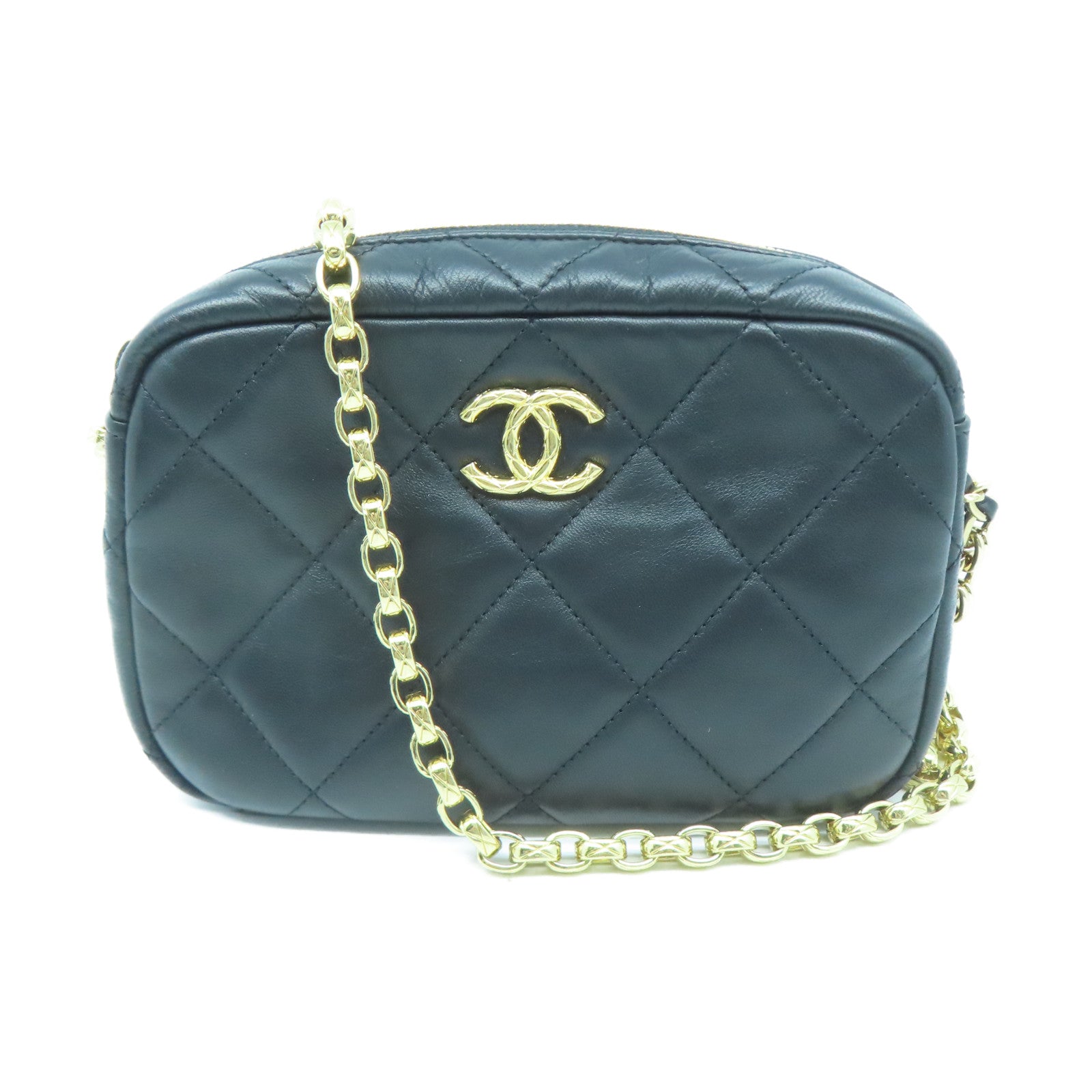 CHANEL 菱格羊皮皮革Chain Shoulder金扣鏈帶肩背袋黑色
