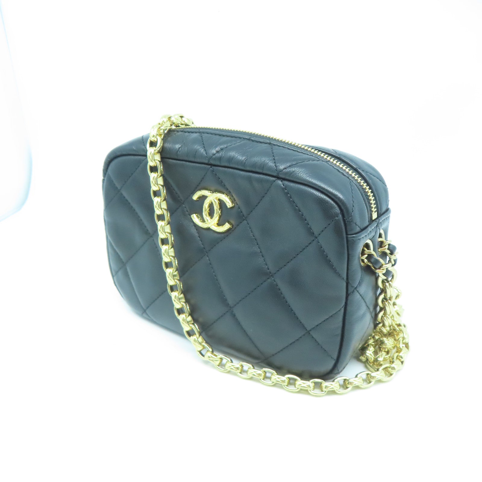 CHANEL 菱格羊皮皮革Chain Shoulder金扣鏈帶肩背袋黑色