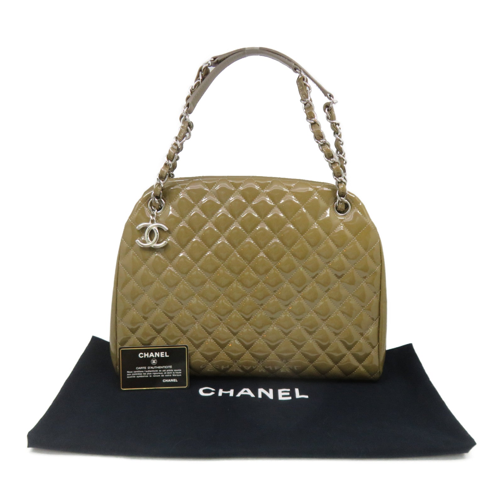 CHANEL 【激减优惠】菱格漆皮皮革Chain Shoulder银扣链带肩背袋卡其色/Khaki