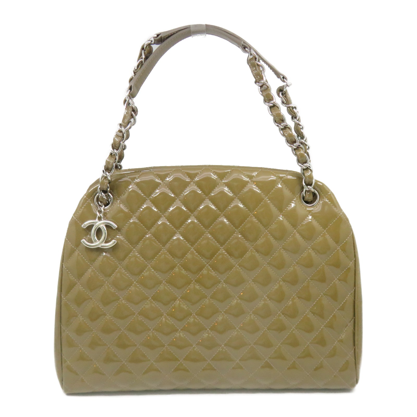 CHANEL 【激减优惠】菱格漆皮皮革Chain Shoulder银扣链带肩背袋卡其色/Khaki