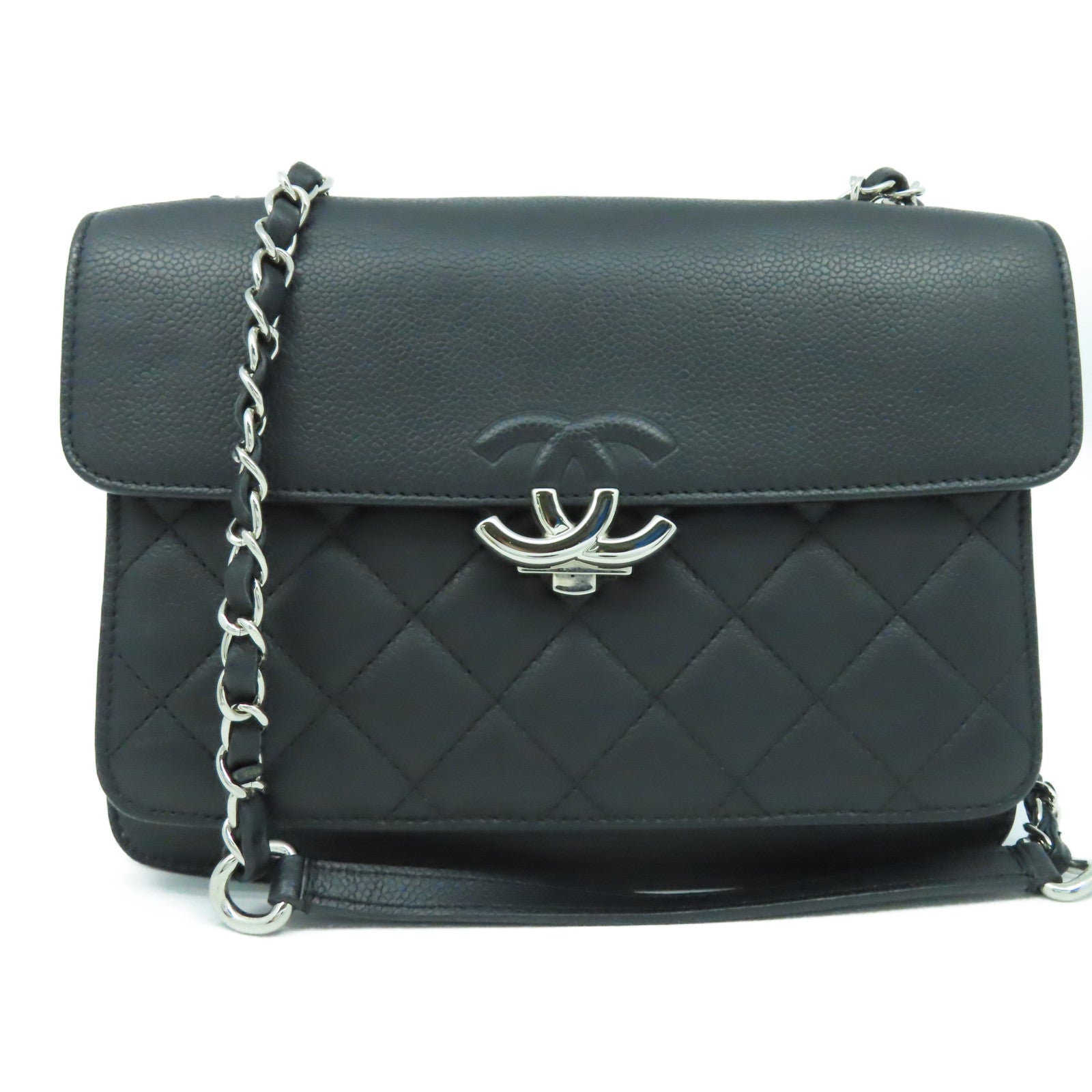 CHANEL 菱格Caviar皮革Chain Shoulder銀扣鏈帶肩背袋黑色