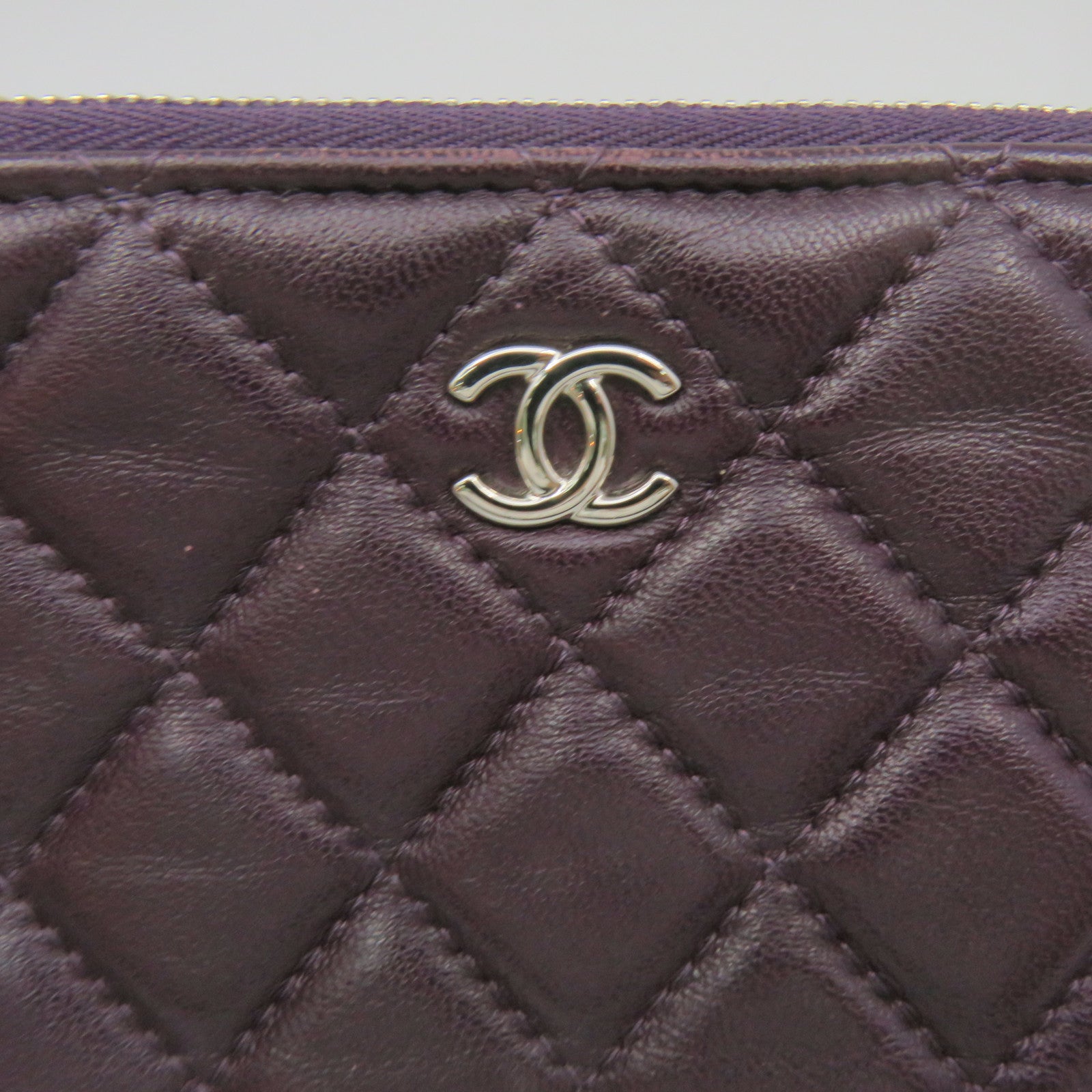 CHANEL rhombic sheepskin leather Pouch Wallet silver buckle zipper long wallet purple