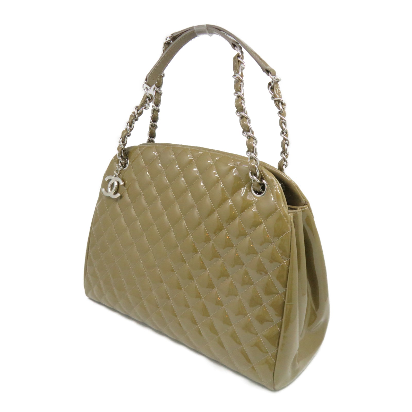 CHANEL 【激减优惠】菱格漆皮皮革Chain Shoulder银扣链带肩背袋卡其色/Khaki