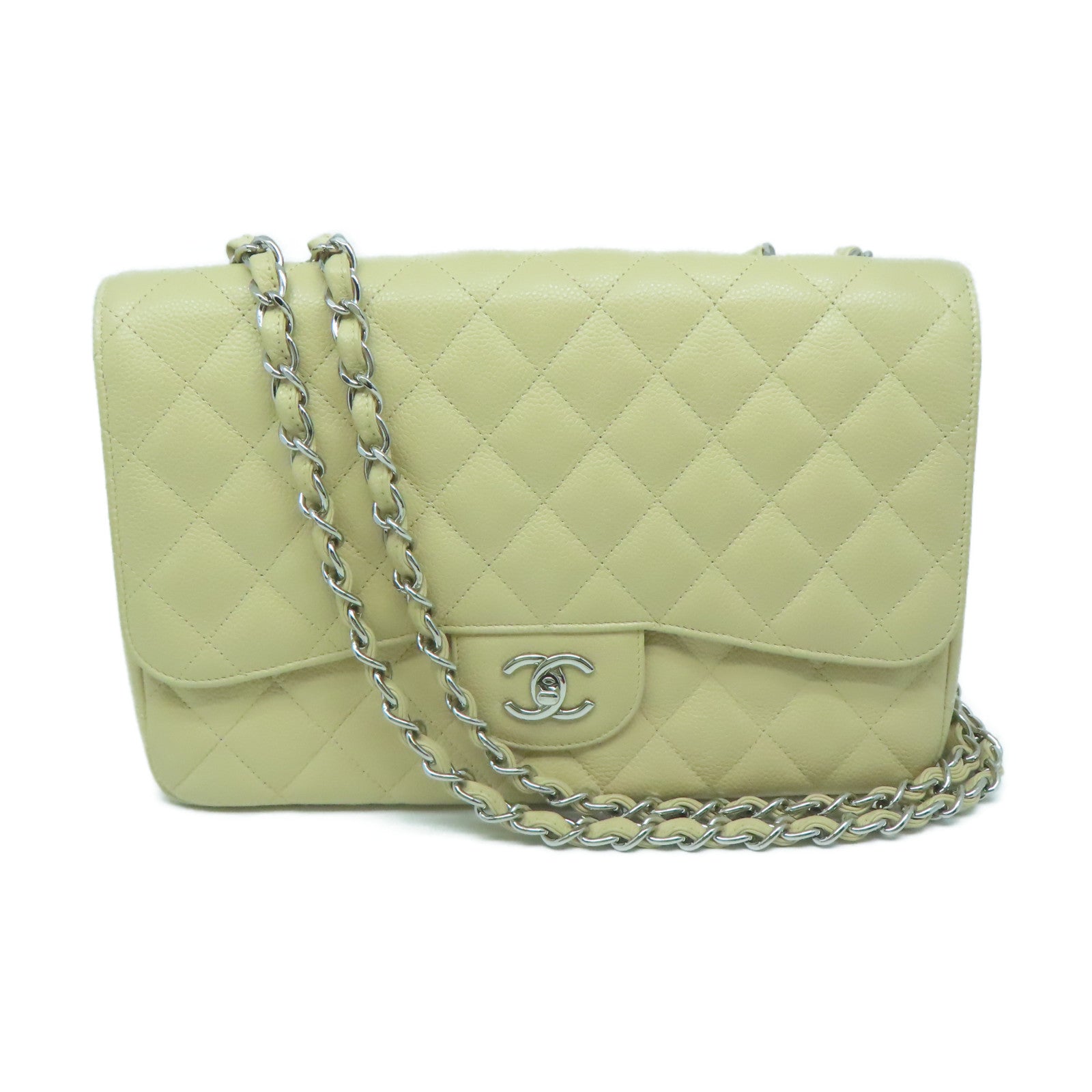 CHANEL 菱格Caviar皮革Chain Shoulder金扣鏈帶肩背袋米色