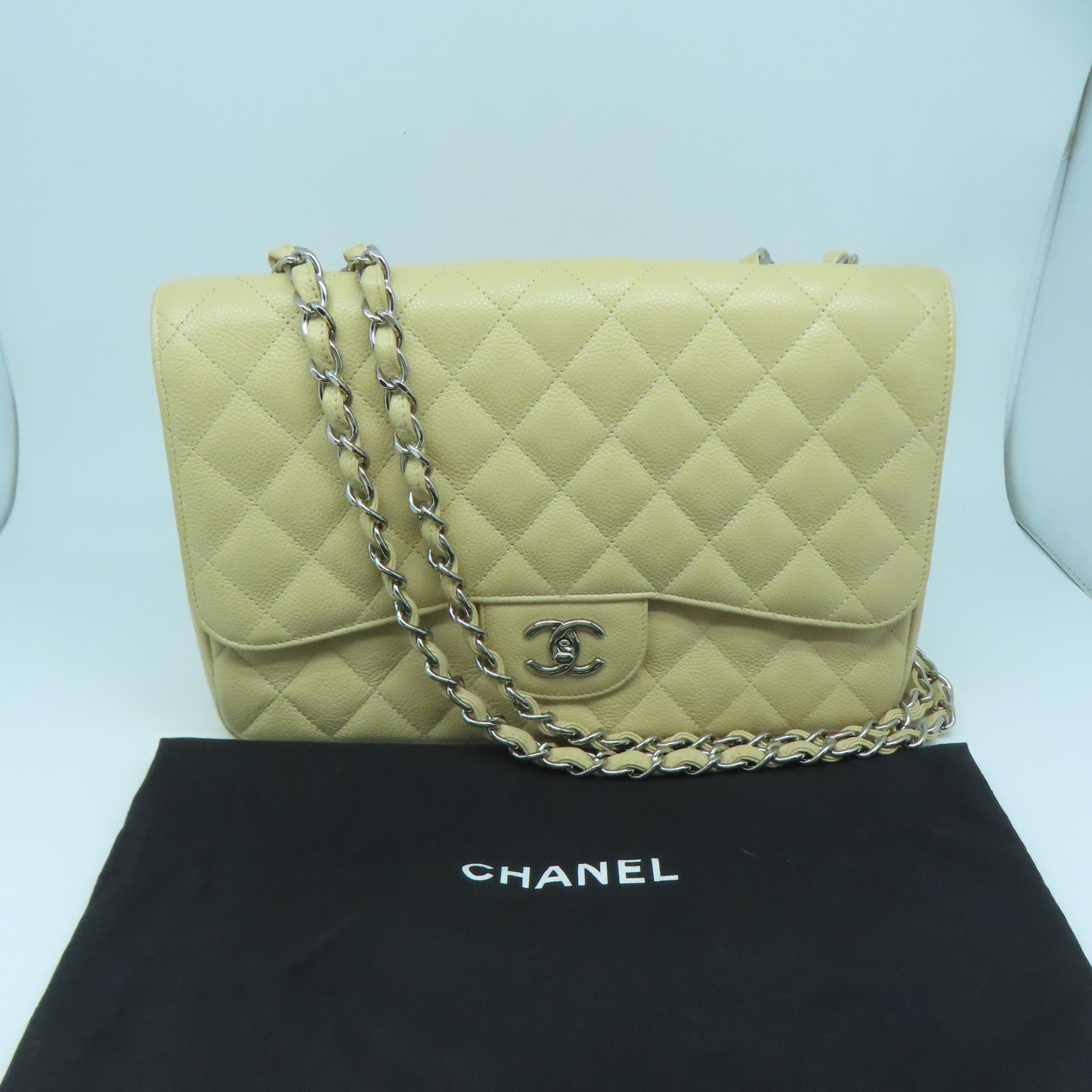 CHANEL 菱格Caviar皮革Chain Shoulder金扣鏈帶肩背袋米色