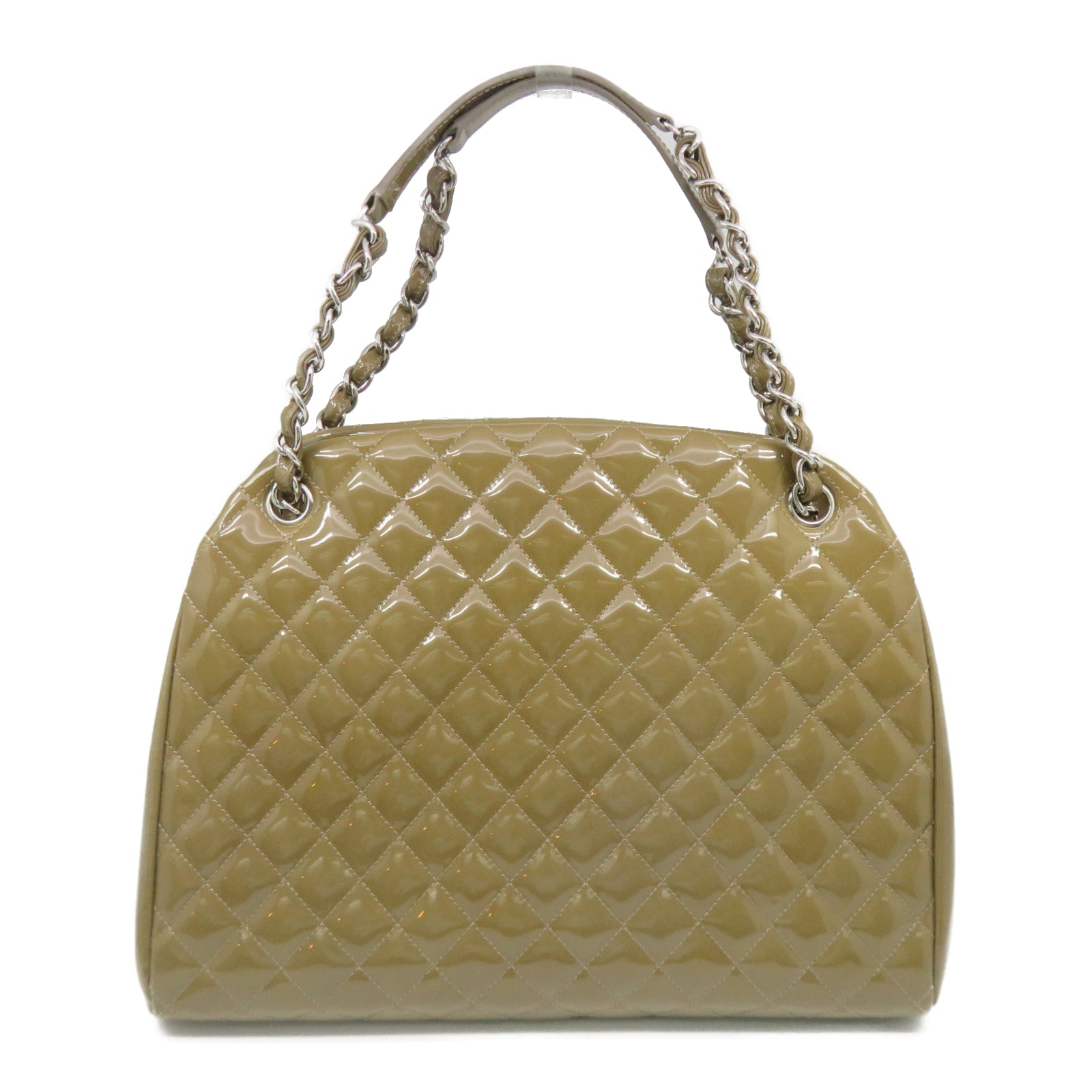 CHANEL 【激减优惠】菱格漆皮皮革Chain Shoulder银扣链带肩背袋卡其色/Khaki