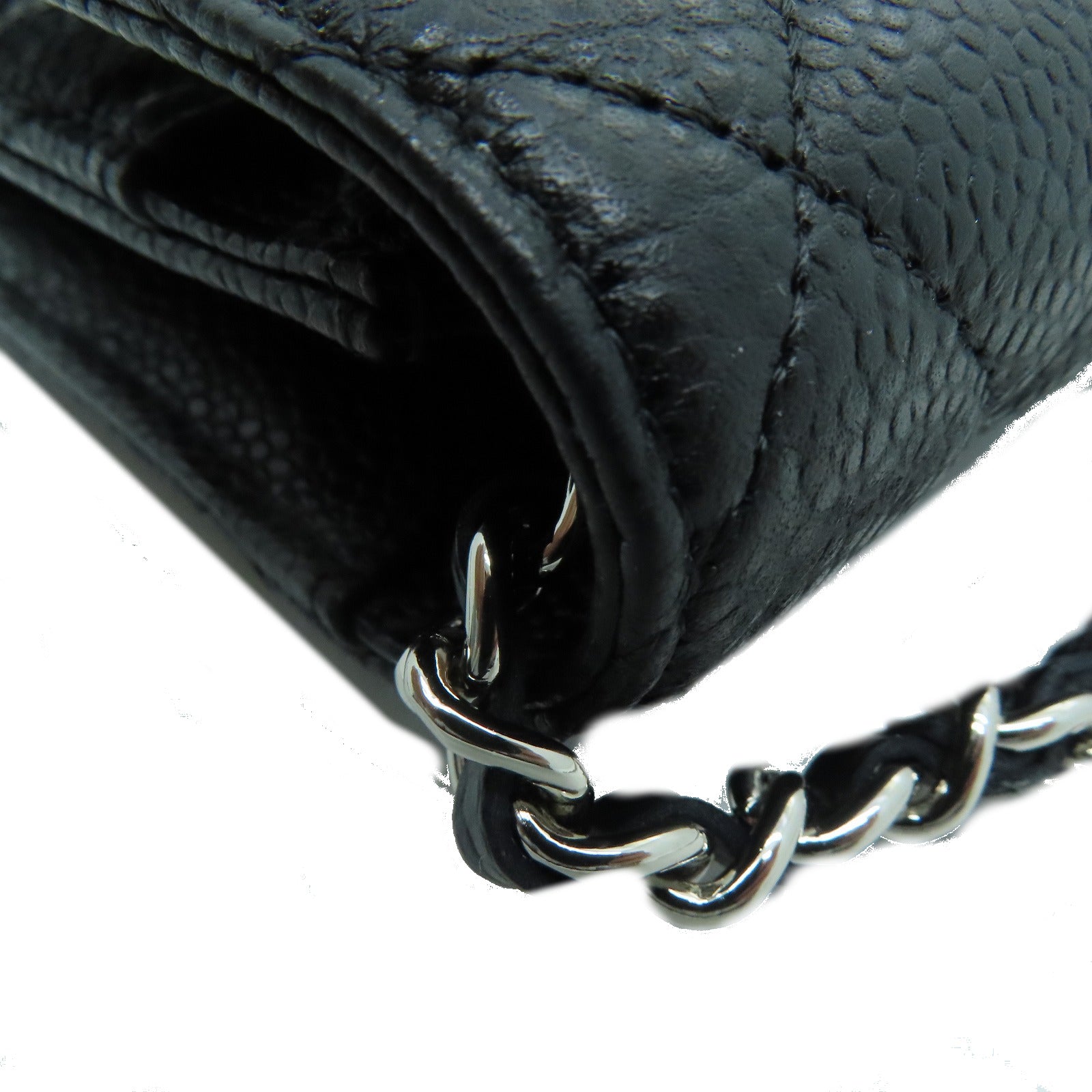 CHANEL 菱格Cavier皮革Chain Shoulder Bag銀扣鏈帶肩背袋黑色