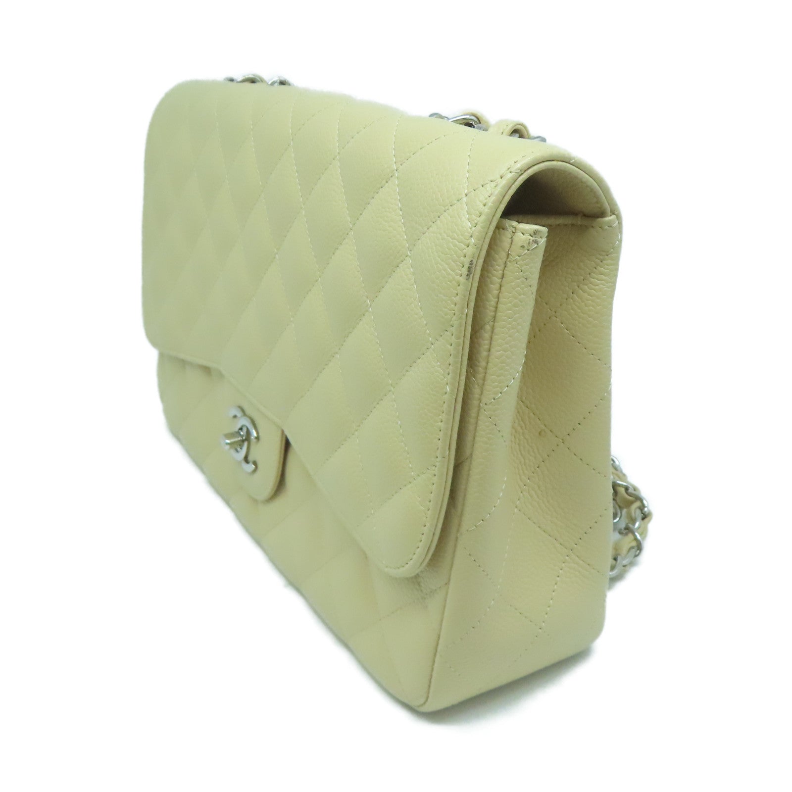CHANEL 菱格Caviar皮革Chain Shoulder金扣鏈帶肩背袋米色