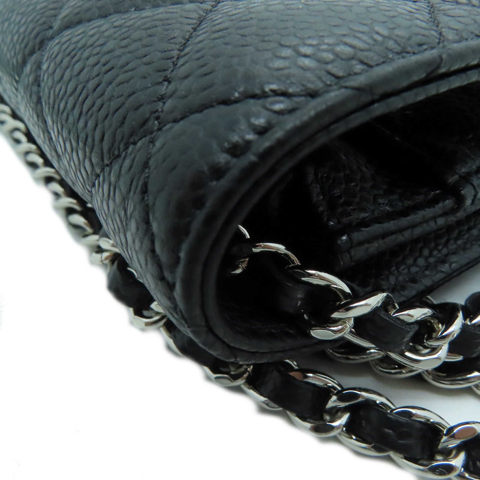 CHANEL 菱格Cavier皮革Chain Shoulder Bag銀扣鏈帶肩背袋黑色