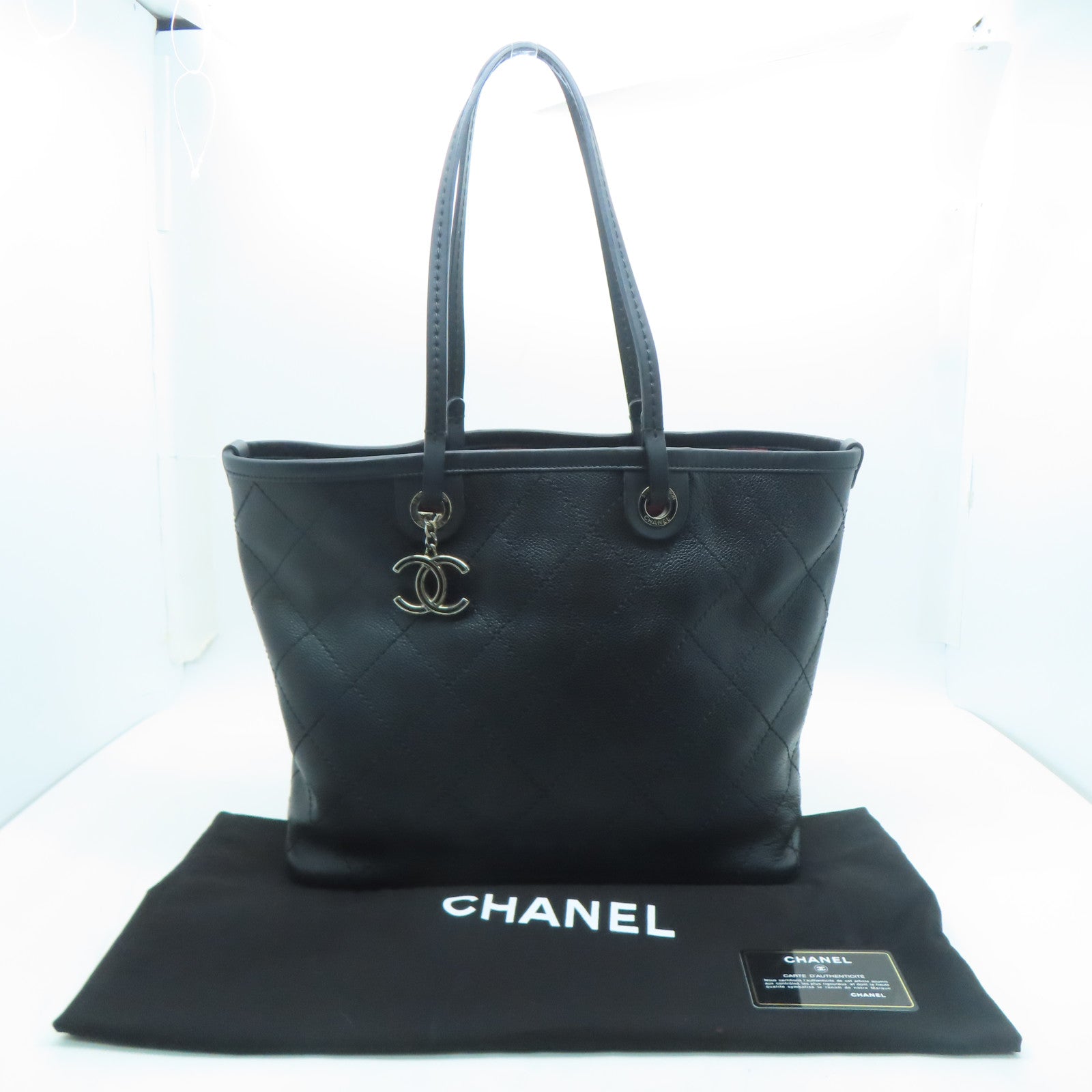 CHANEL 菱格牛皮皮革Tote Bag銀扣手挽袋黑色