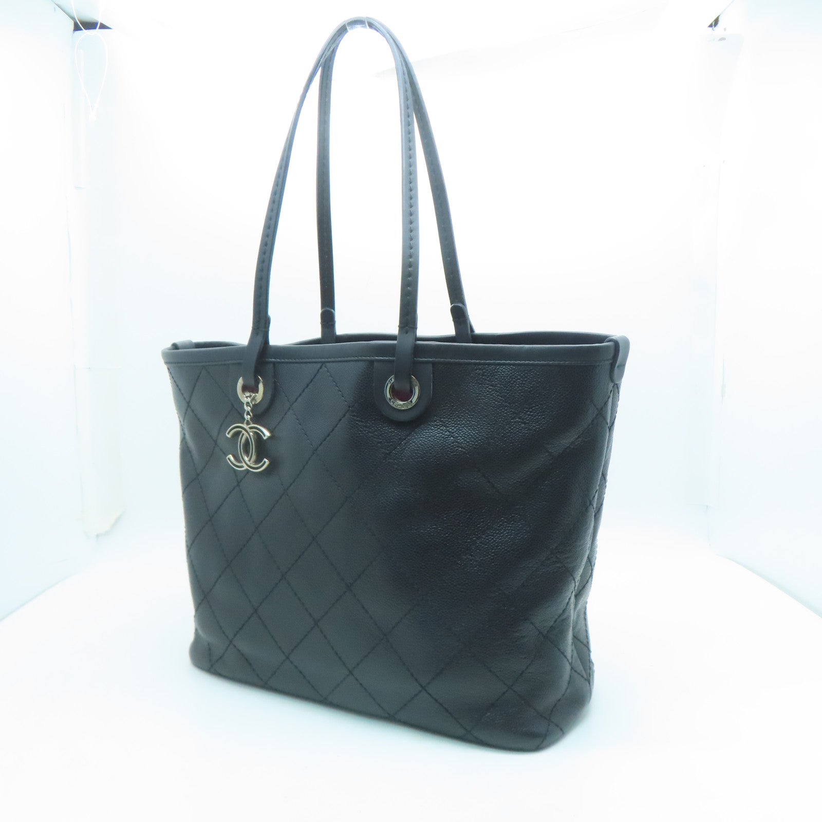 CHANEL 菱格牛皮皮革Tote Bag銀扣手挽袋黑色