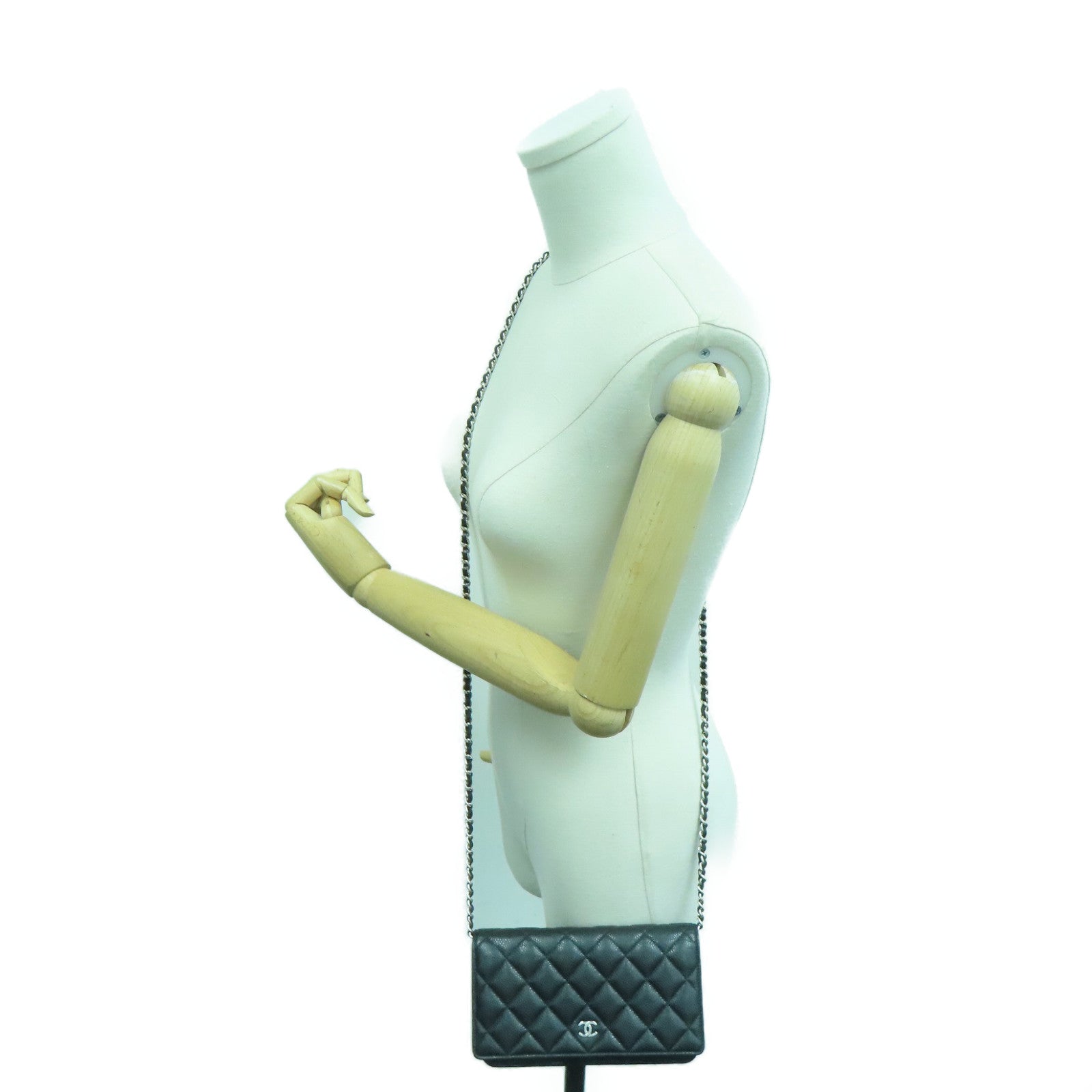 CHANEL 菱格Cavier皮革Chain Shoulder Bag銀扣鏈帶肩背袋黑色