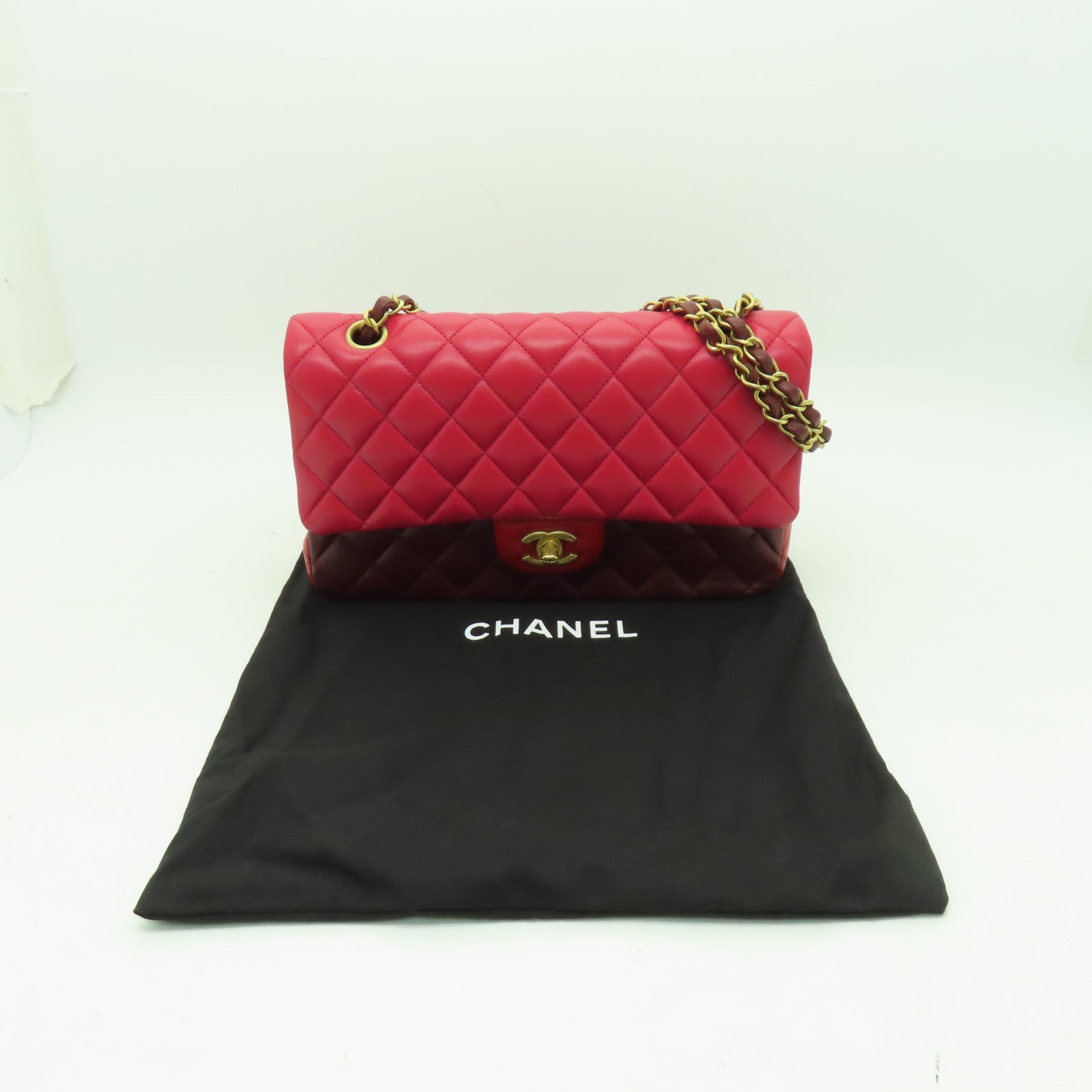 CHANEL 菱格羊皮皮革Classic Flap 25金扣鏈帶肩背袋紅色