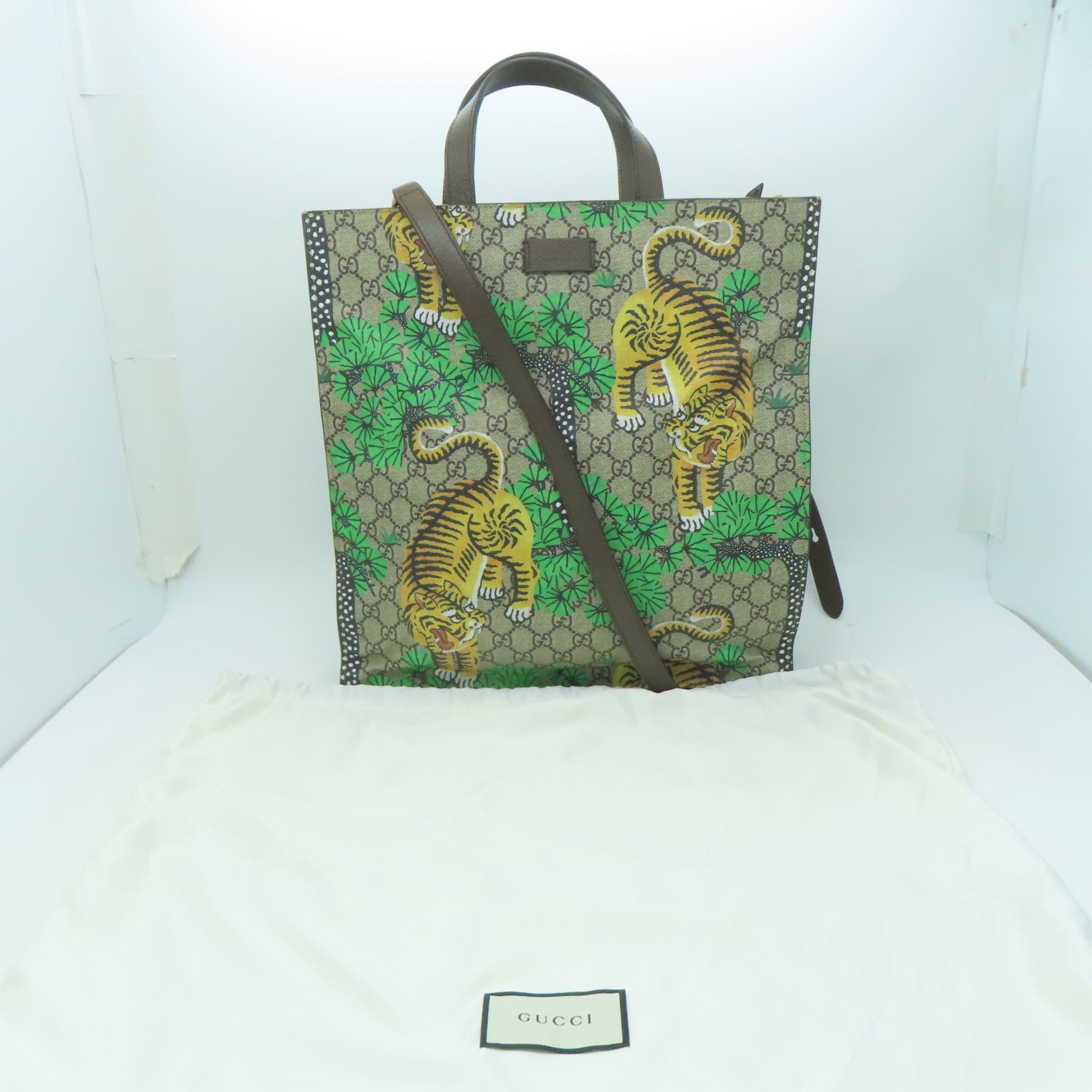 GUCCI 塗層帆布2 Way Shoulder金扣手挽肩背兩用袋米色/啡色