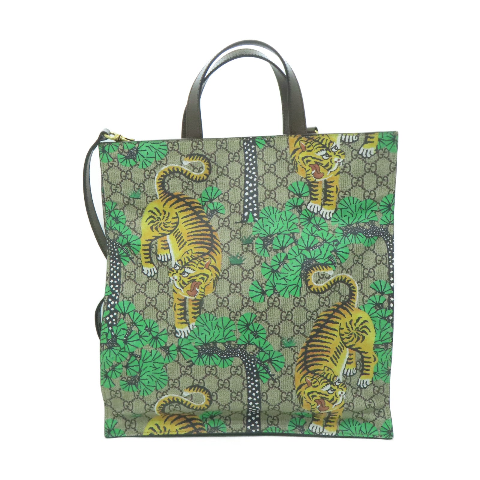 GUCCI 塗層帆布2 Way Shoulder金扣手挽肩背兩用袋米色/啡色