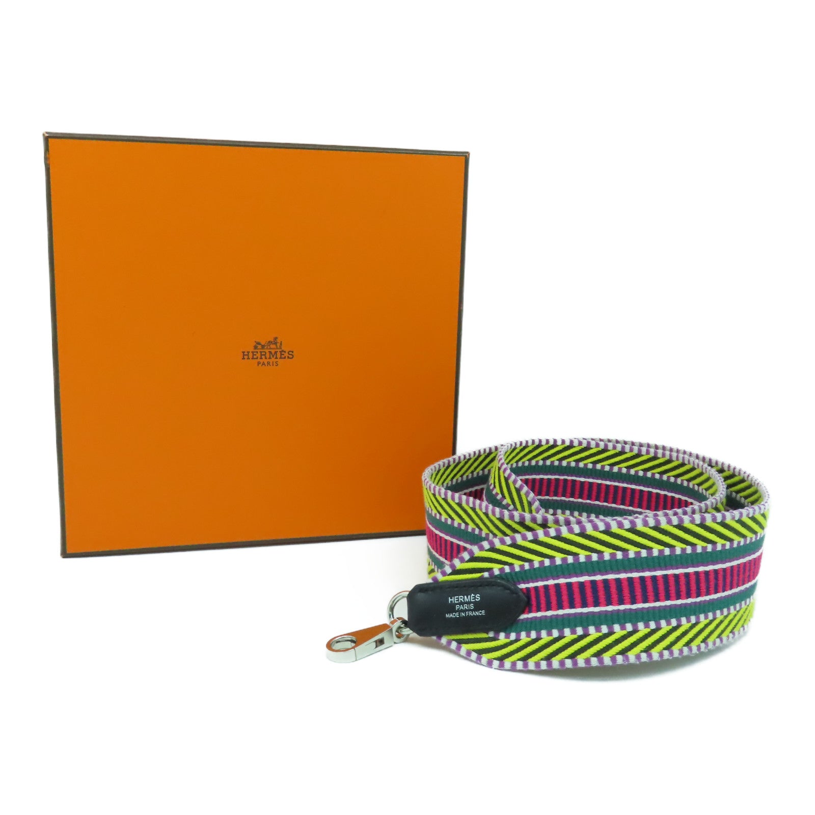 HERMES 帆布Strap 85cm銀扣肩背帶黃色/彩色