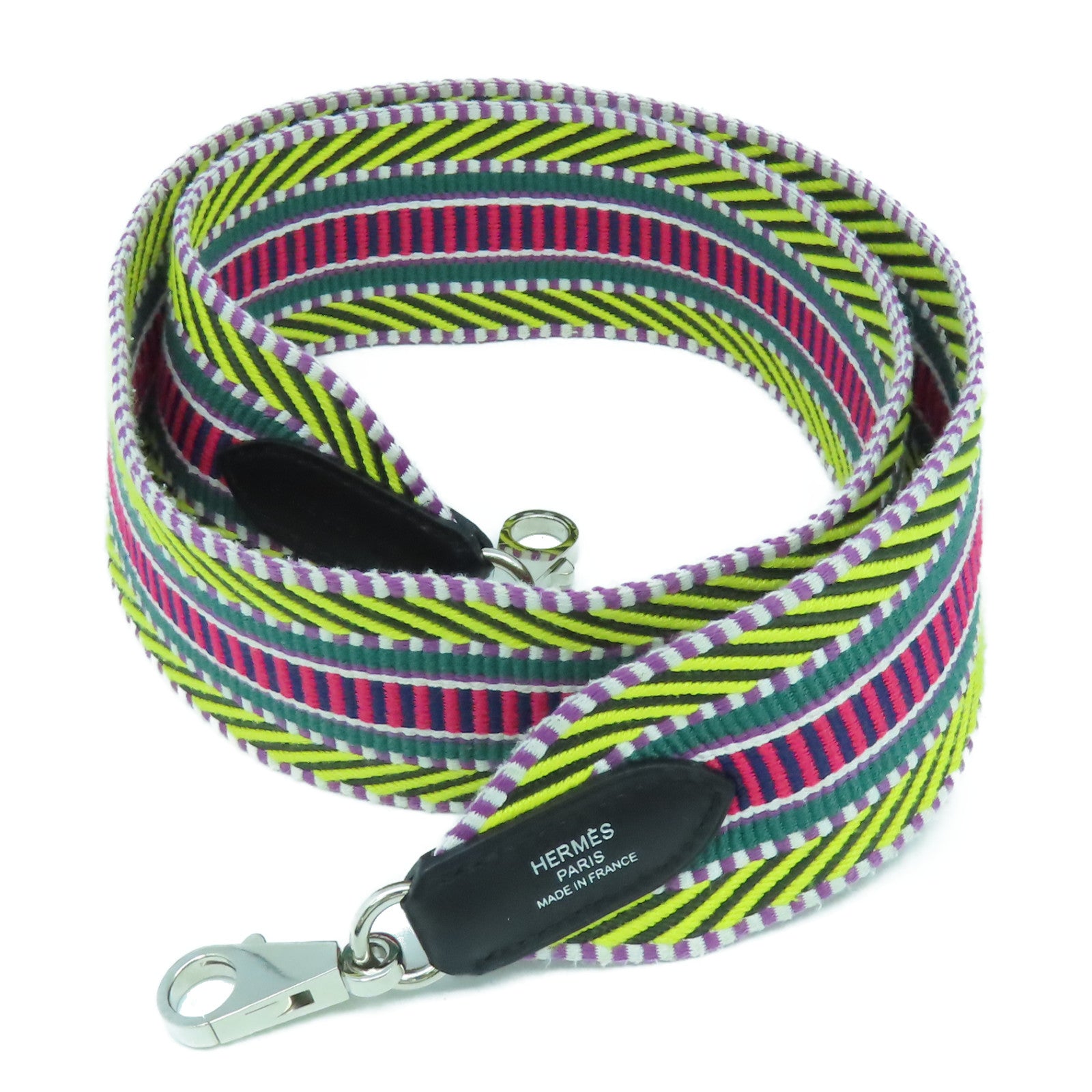 HERMES 帆布Strap 85cm銀扣肩背帶黃色/彩色
