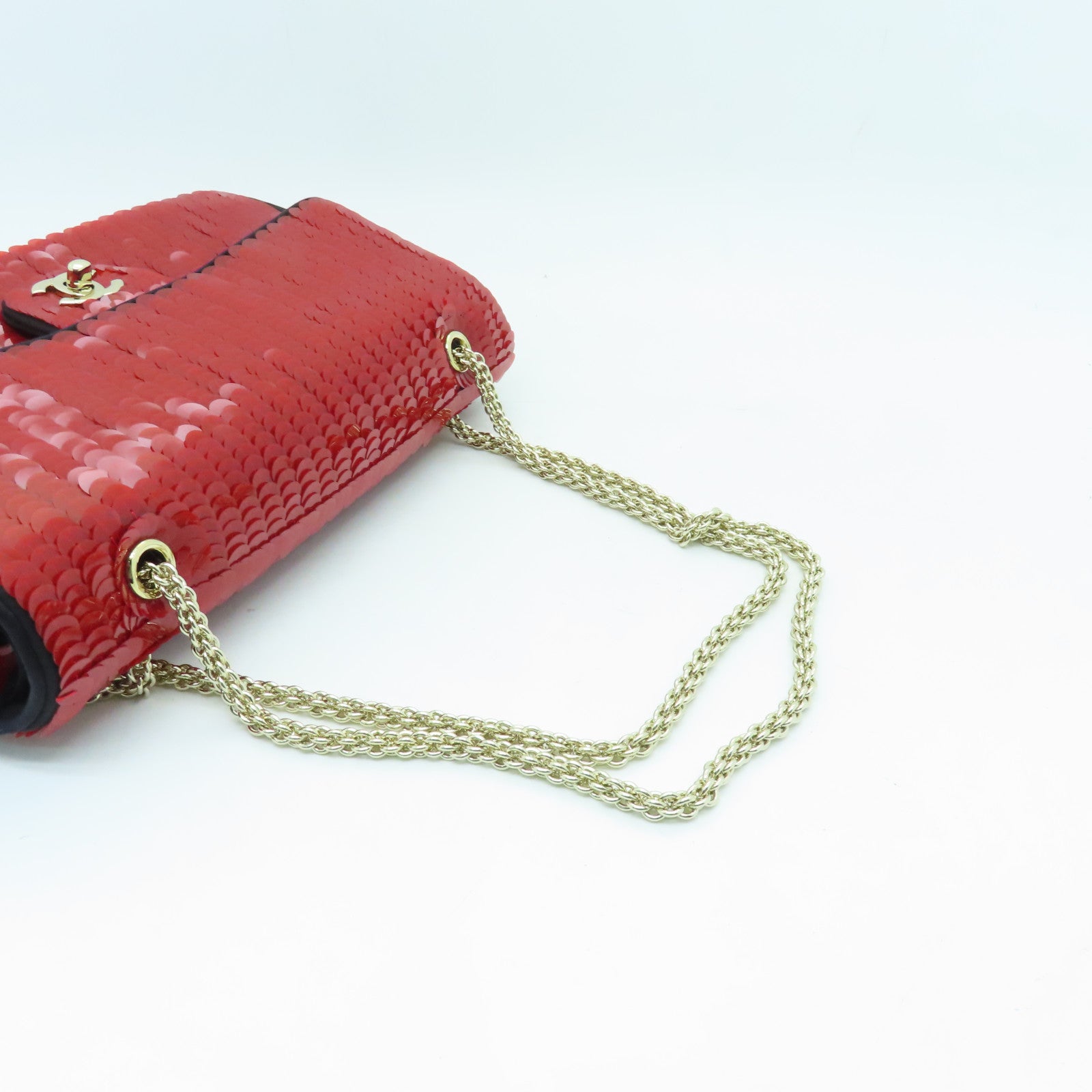 CHANEL 【激減優惠】珠片Chain Shoulder金扣鏈帶肩背袋紅色