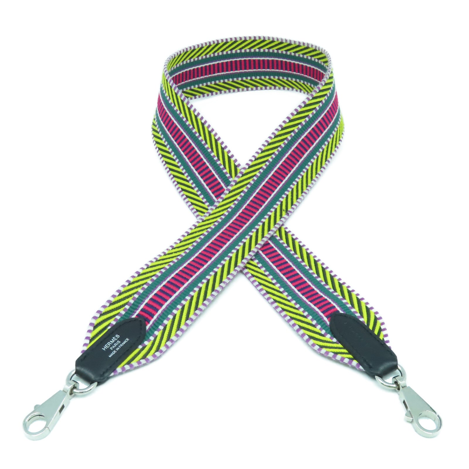 HERMES 帆布Strap 85cm銀扣肩背帶黃色/彩色