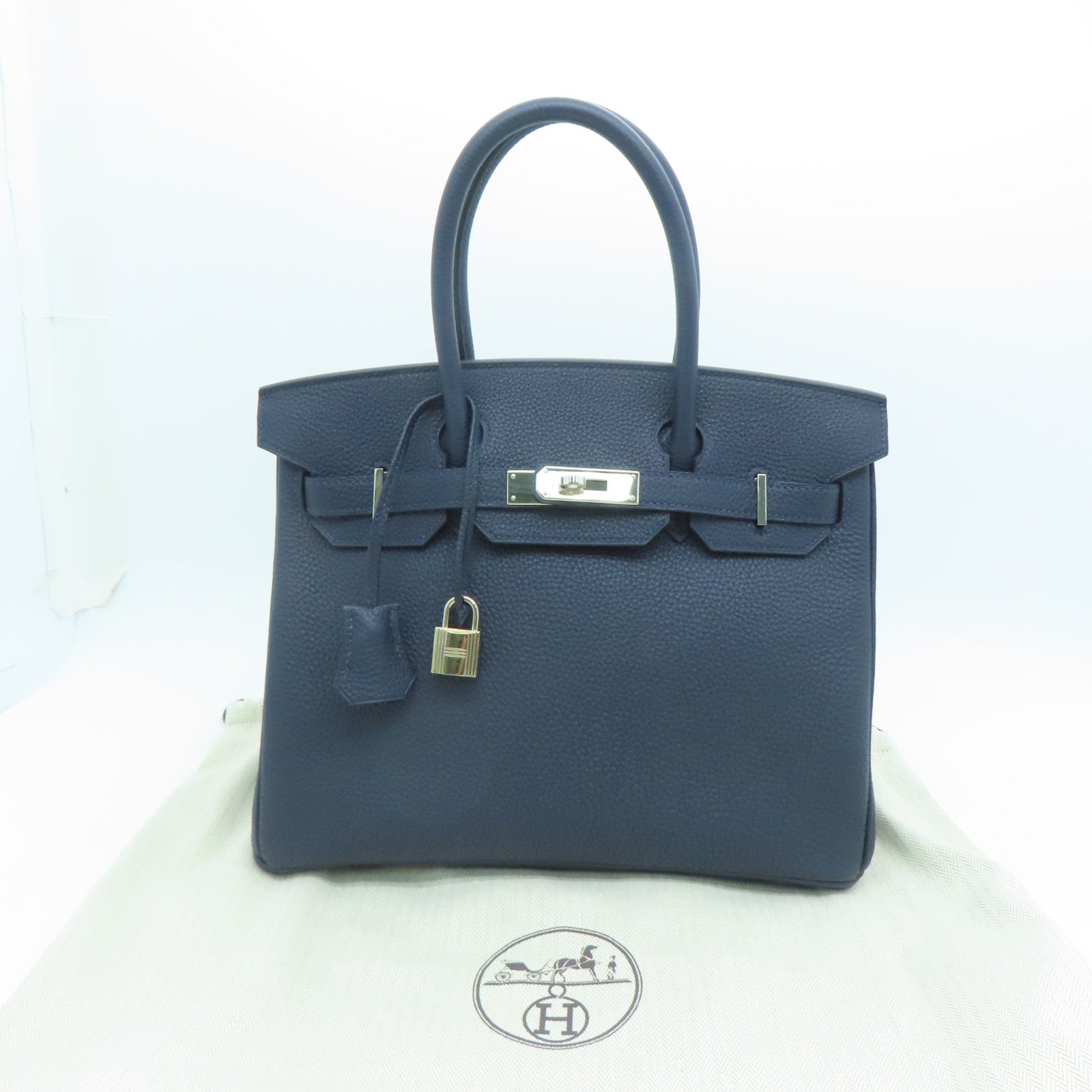 HERMES Clemence Leather Birkin 30 Silver Buckle Handle Bag Blue/