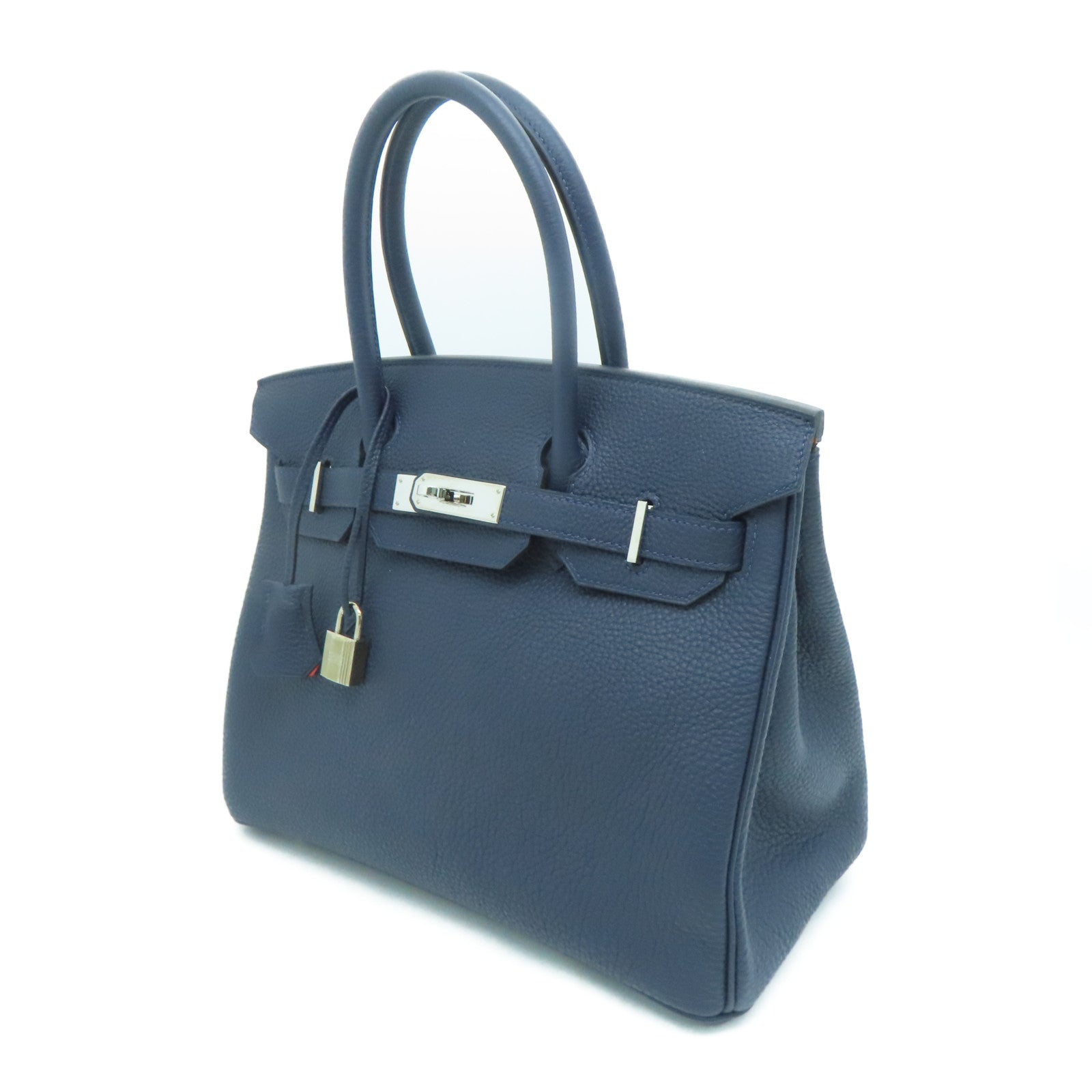 HERMES Clemence Leather Birkin 30 Silver Buckle Handle Bag Blue/