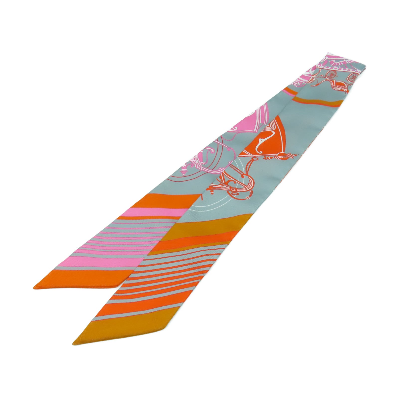 HERMES 絲質Twilly絲巾橙色/粉紅色/灰色