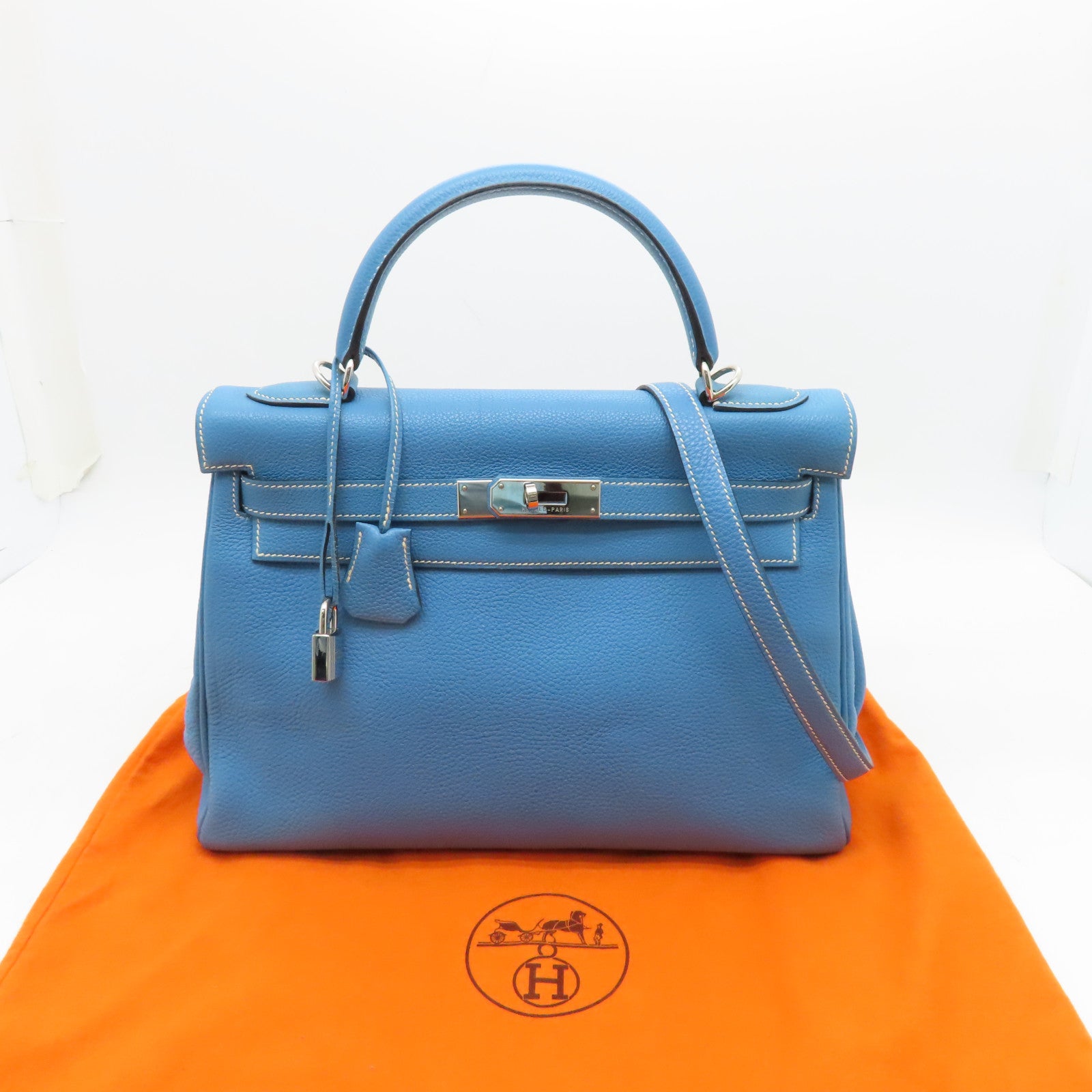 HERMES Togo Leather Kelly 32 Silver Buckle Handle Shoulder Bag Blue Jean Light Blue