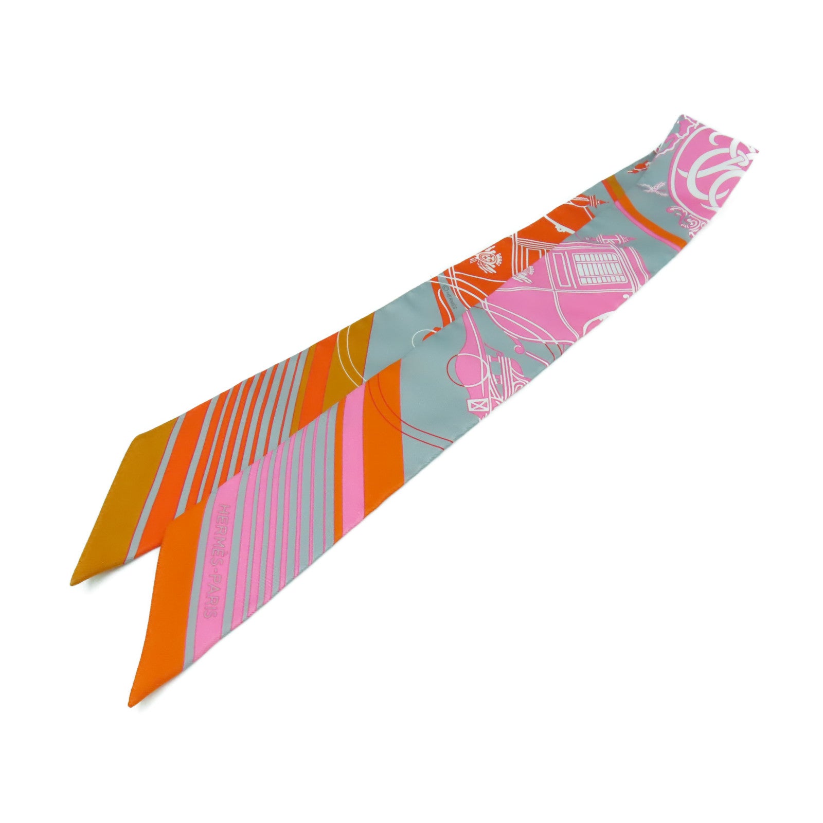 HERMES 絲質Twilly絲巾橙色/粉紅色/灰色