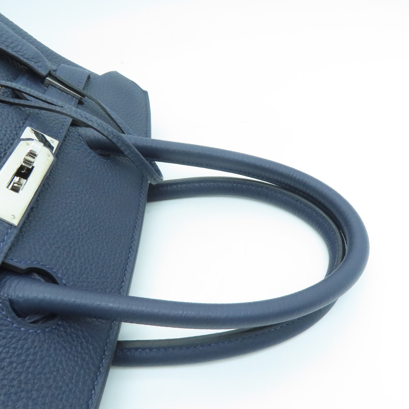 HERMES Clemence Leather Birkin 30 Silver Buckle Handle Bag Blue/