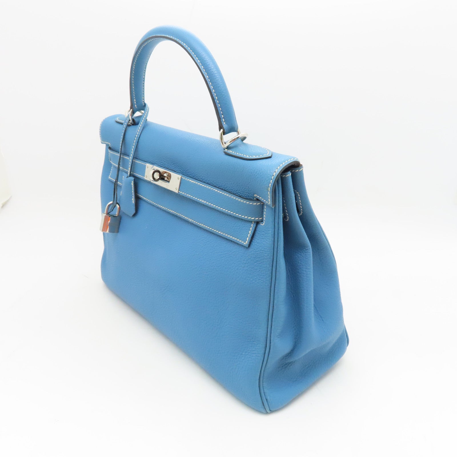 HERMES Togo Leather Kelly 32 Silver Buckle Handle Shoulder Bag Blue Jean Light Blue