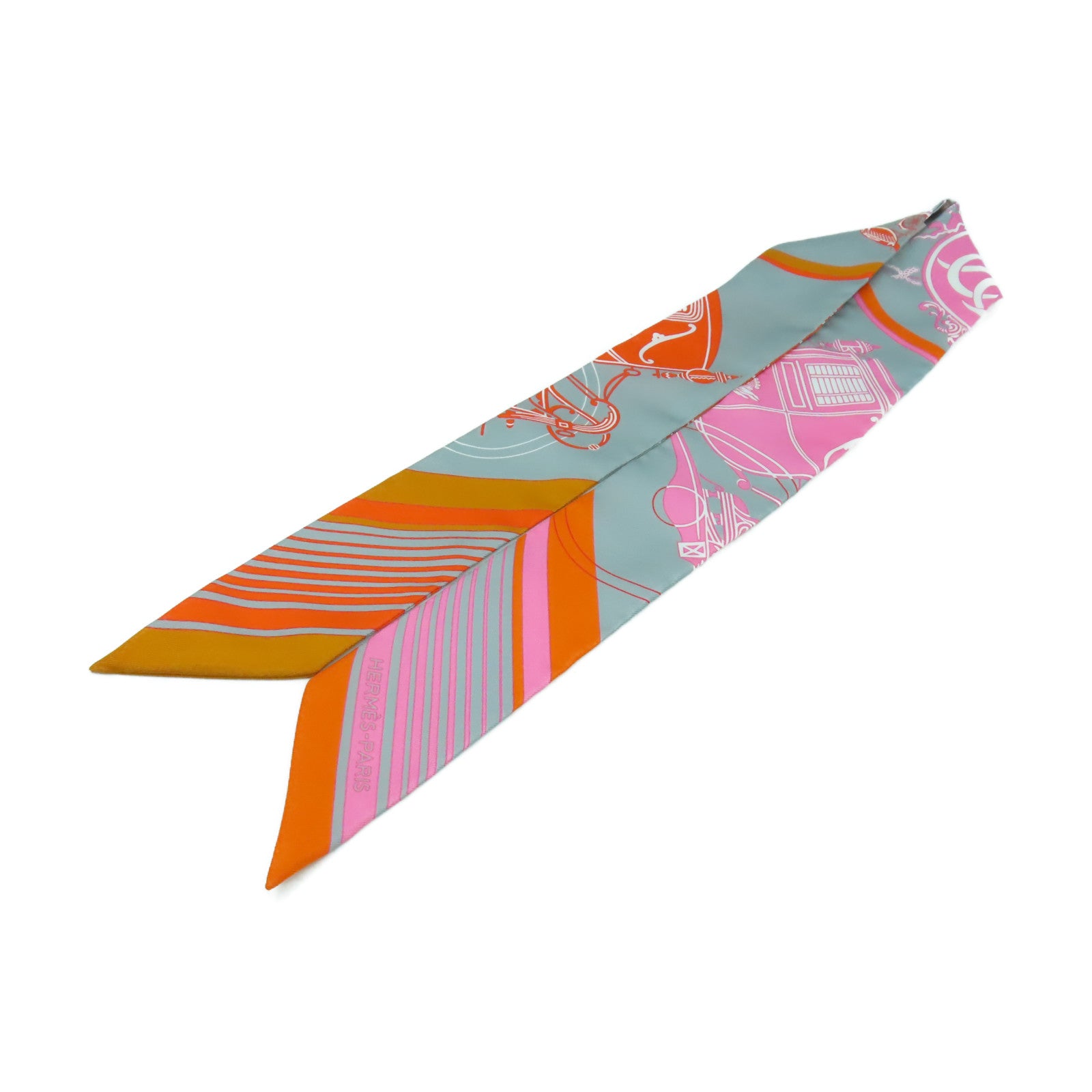HERMES 絲質Twilly絲巾橙色/粉紅色/灰色