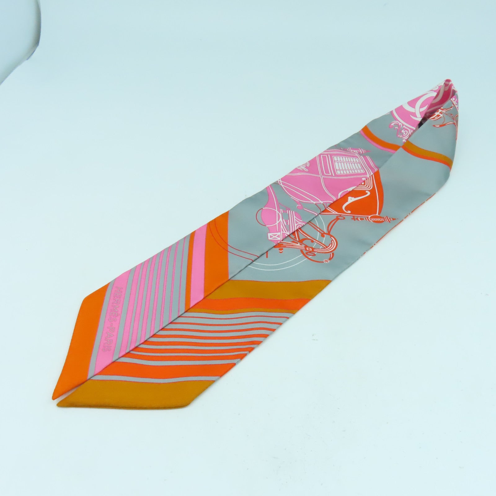 HERMES 絲質Twilly絲巾橙色/粉紅色/灰色