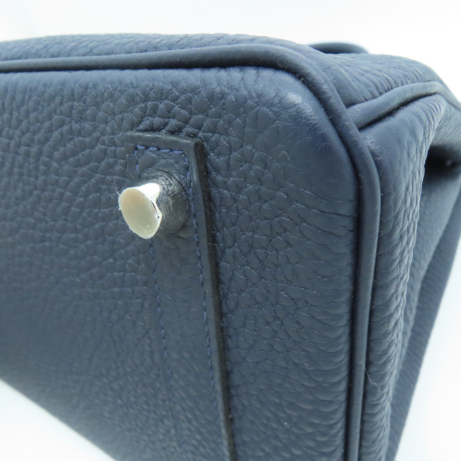 HERMES Clemence Leather Birkin 30 Silver Buckle Handle Bag Blue/