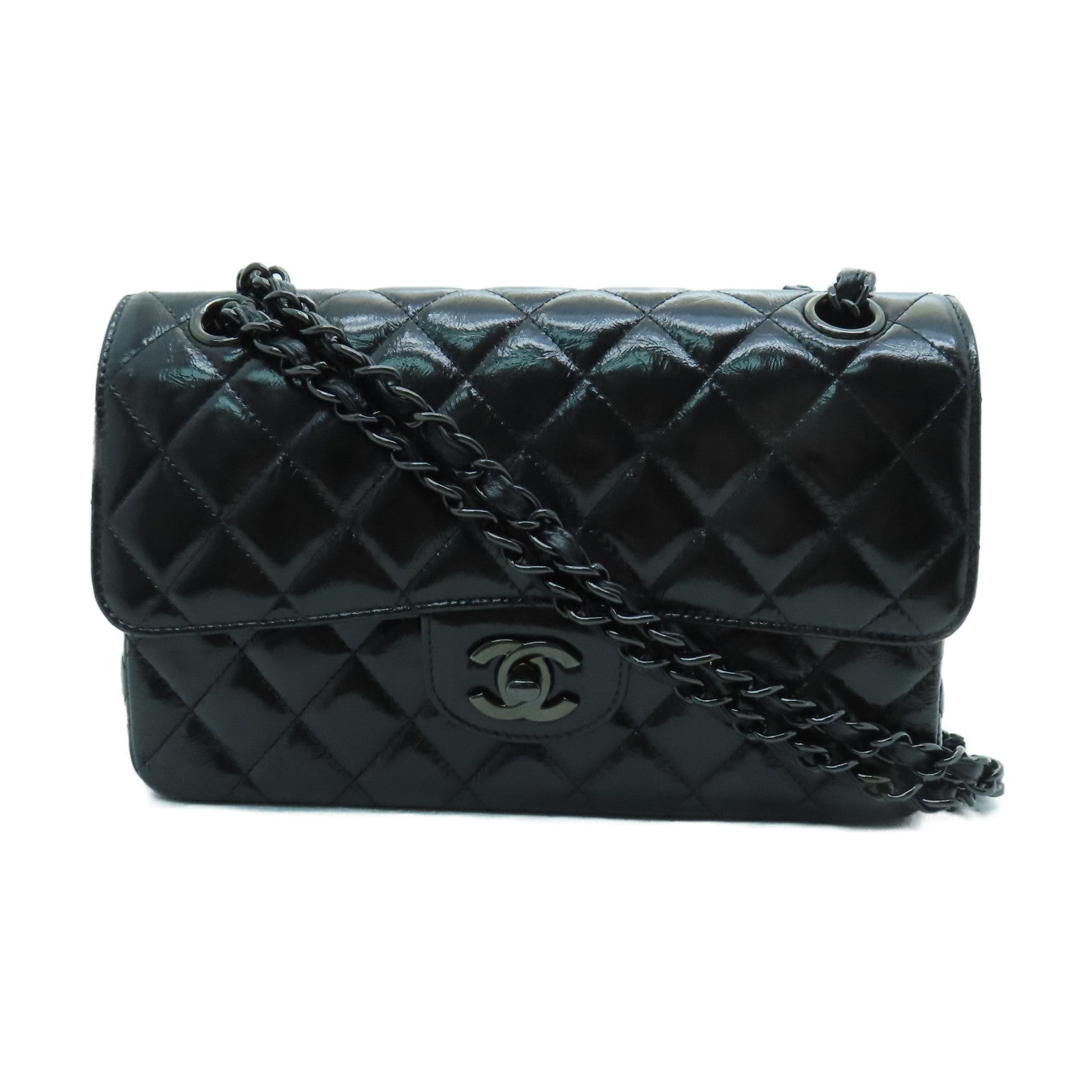 CHANEL 【激減優惠】菱格漆皮皮革Classic 23cm手挽肩背兩用袋黑色