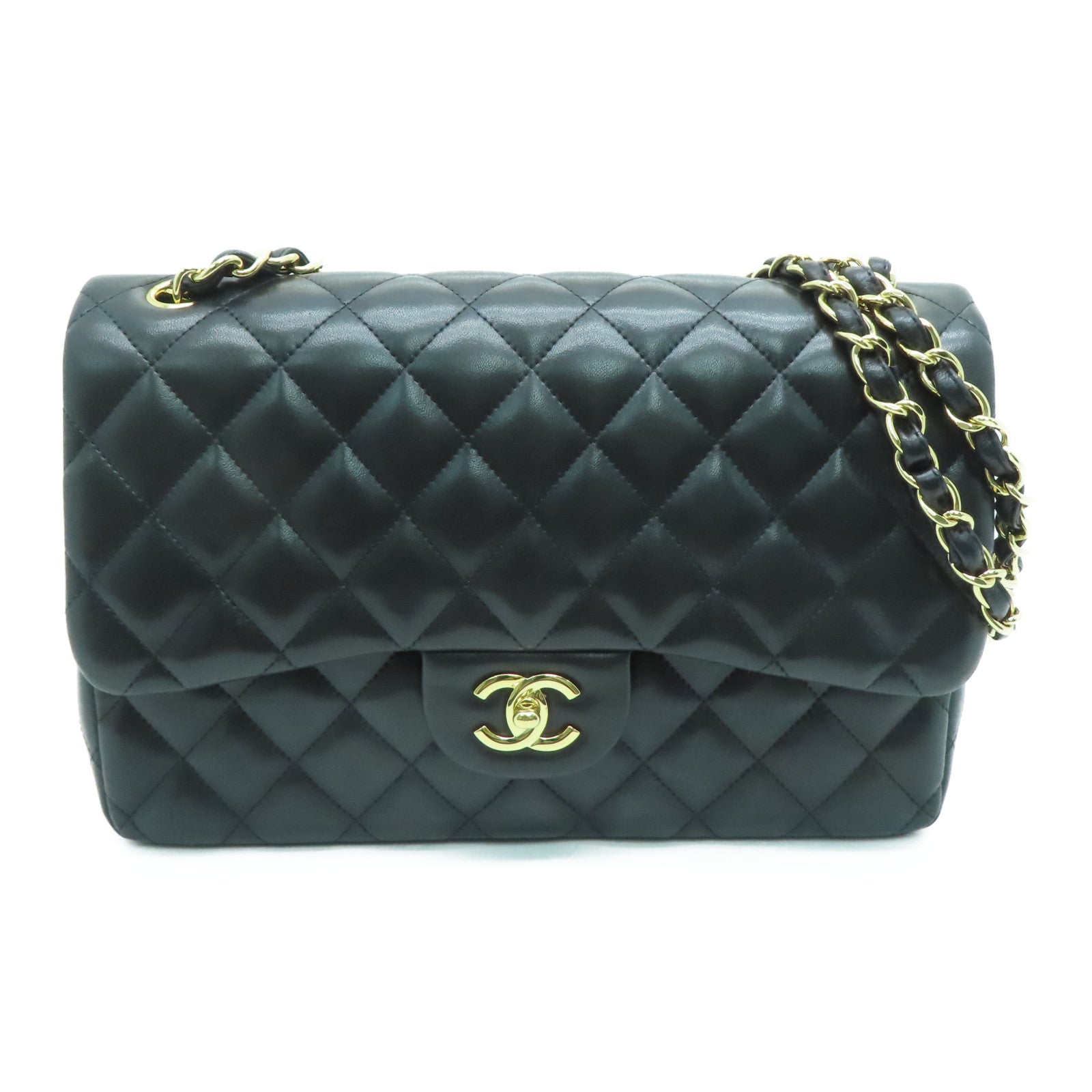 CHANEL 【激減優惠】格羊皮皮革Jumbo Classic Flap金扣鏈帶肩背袋黑色