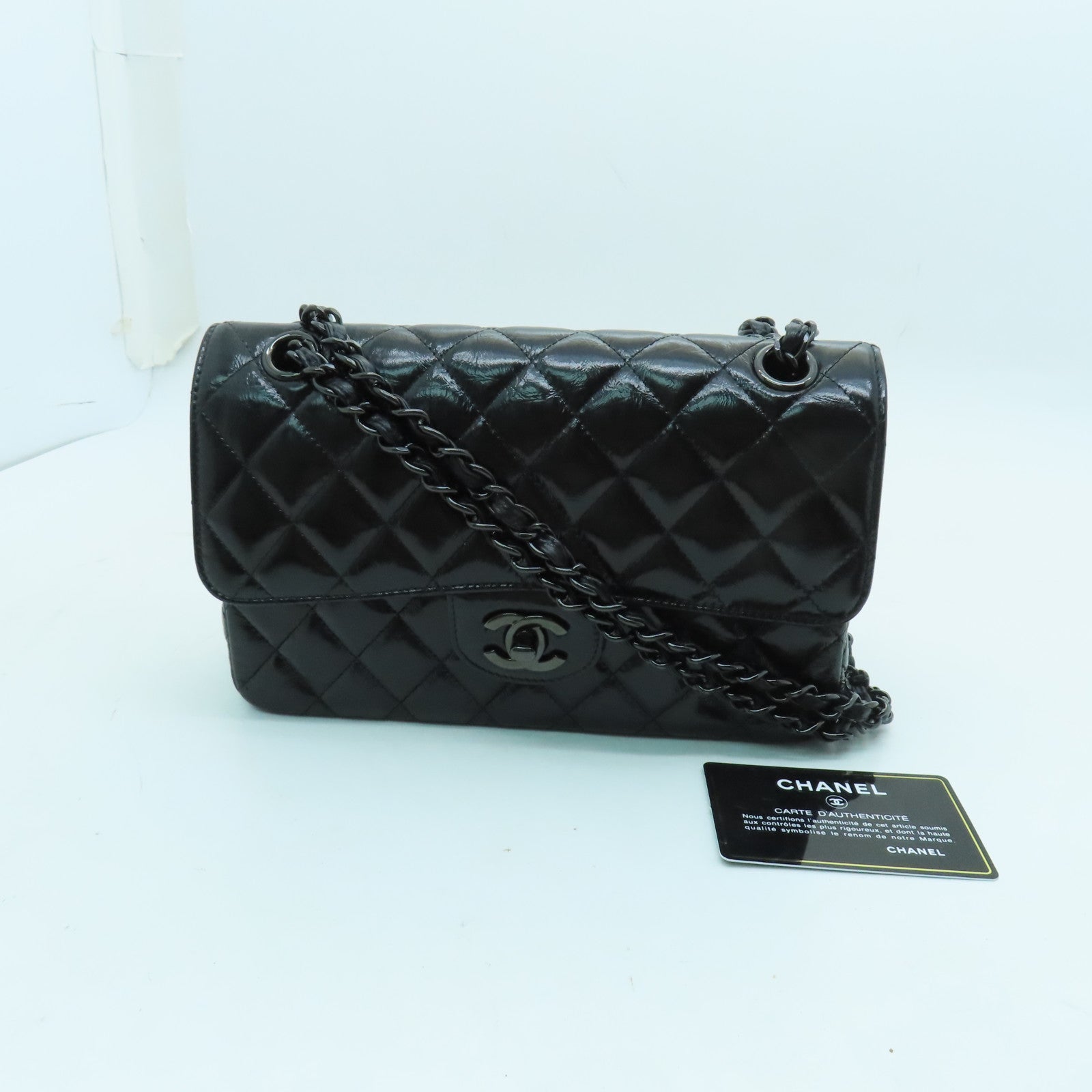 CHANEL 【激減優惠】菱格漆皮皮革Classic 23cm手挽肩背兩用袋黑色