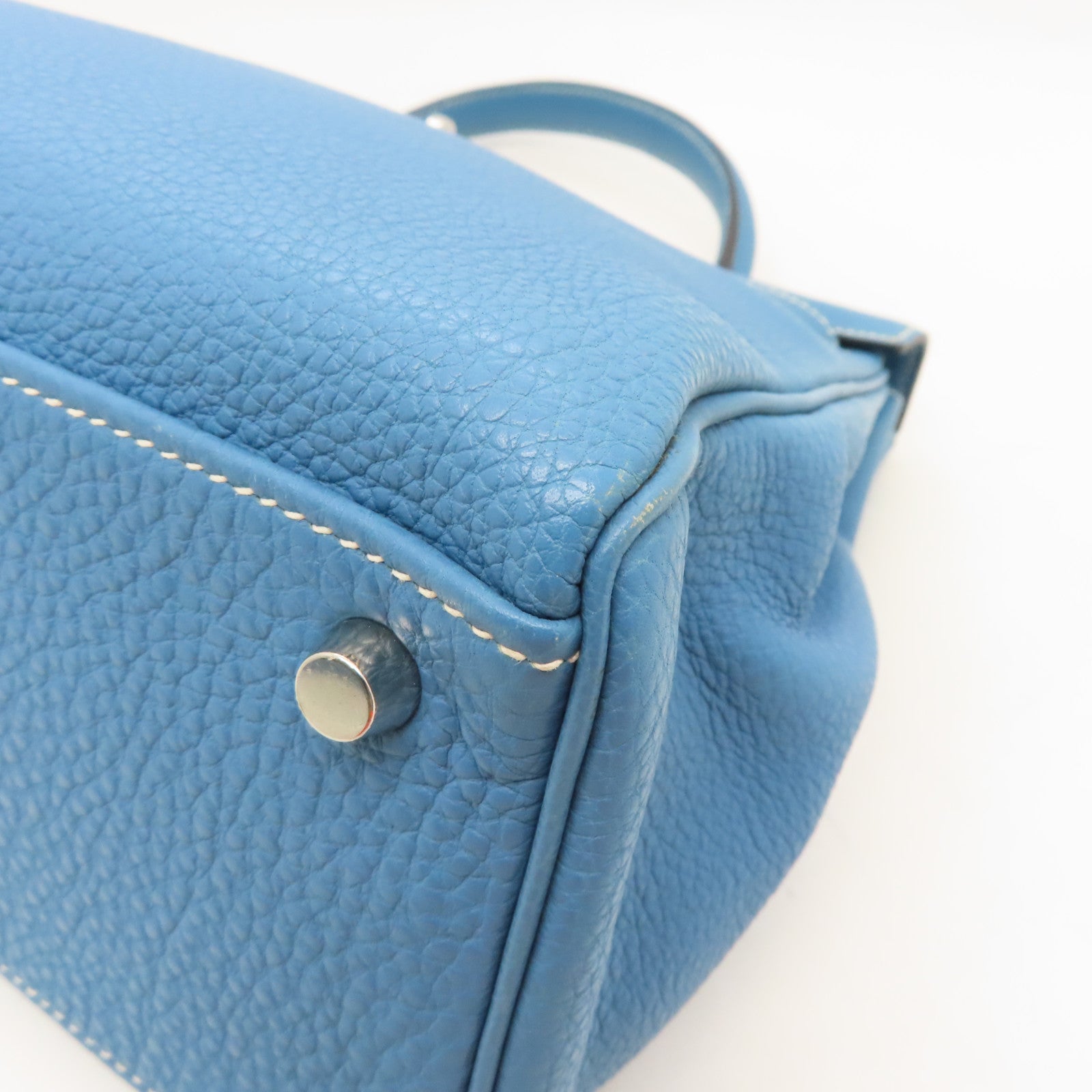 HERMES Togo Leather Kelly 32 Silver Buckle Handle Shoulder Bag Blue Jean Light Blue