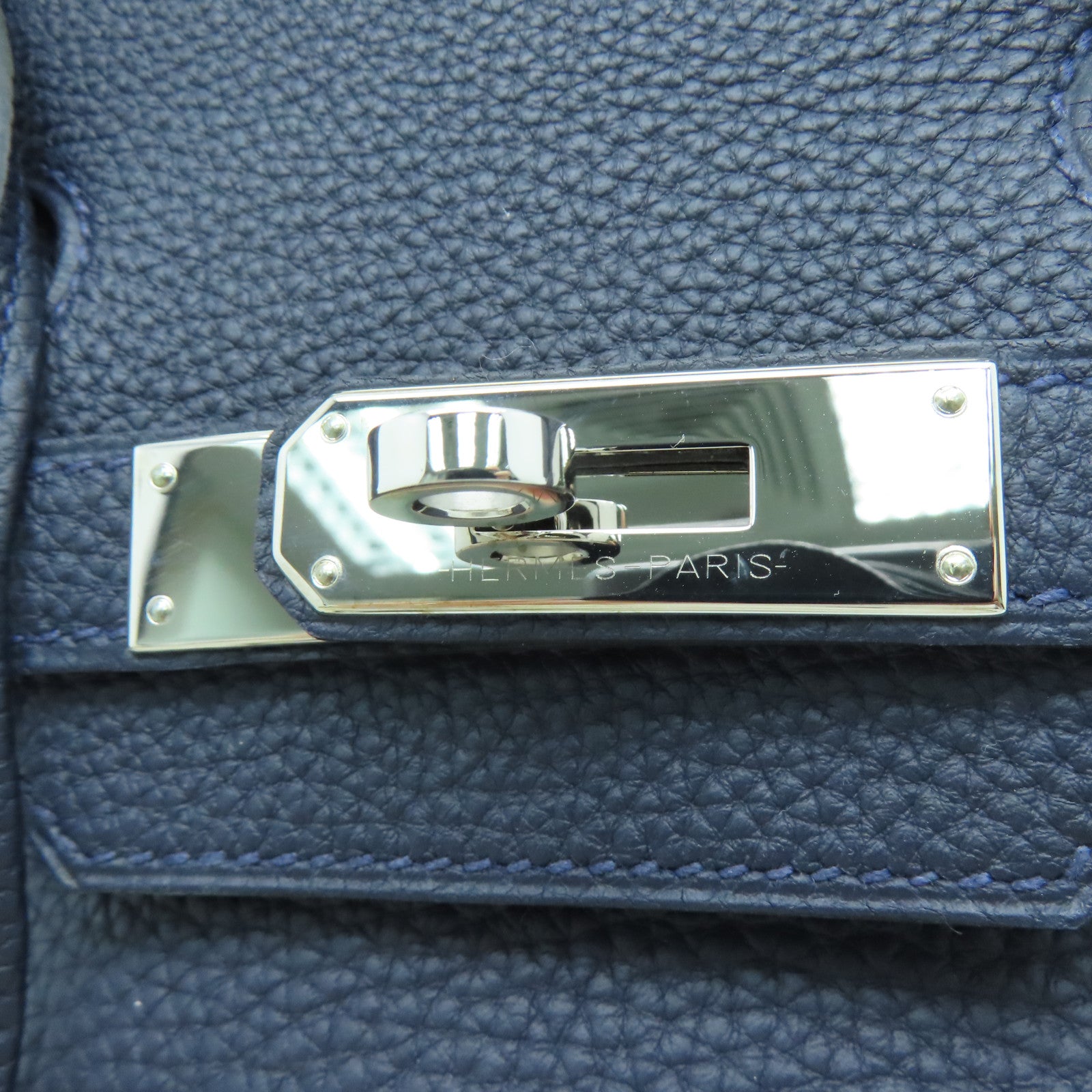 HERMES Clemence Leather Birkin 30 Silver Buckle Handle Bag Blue/
