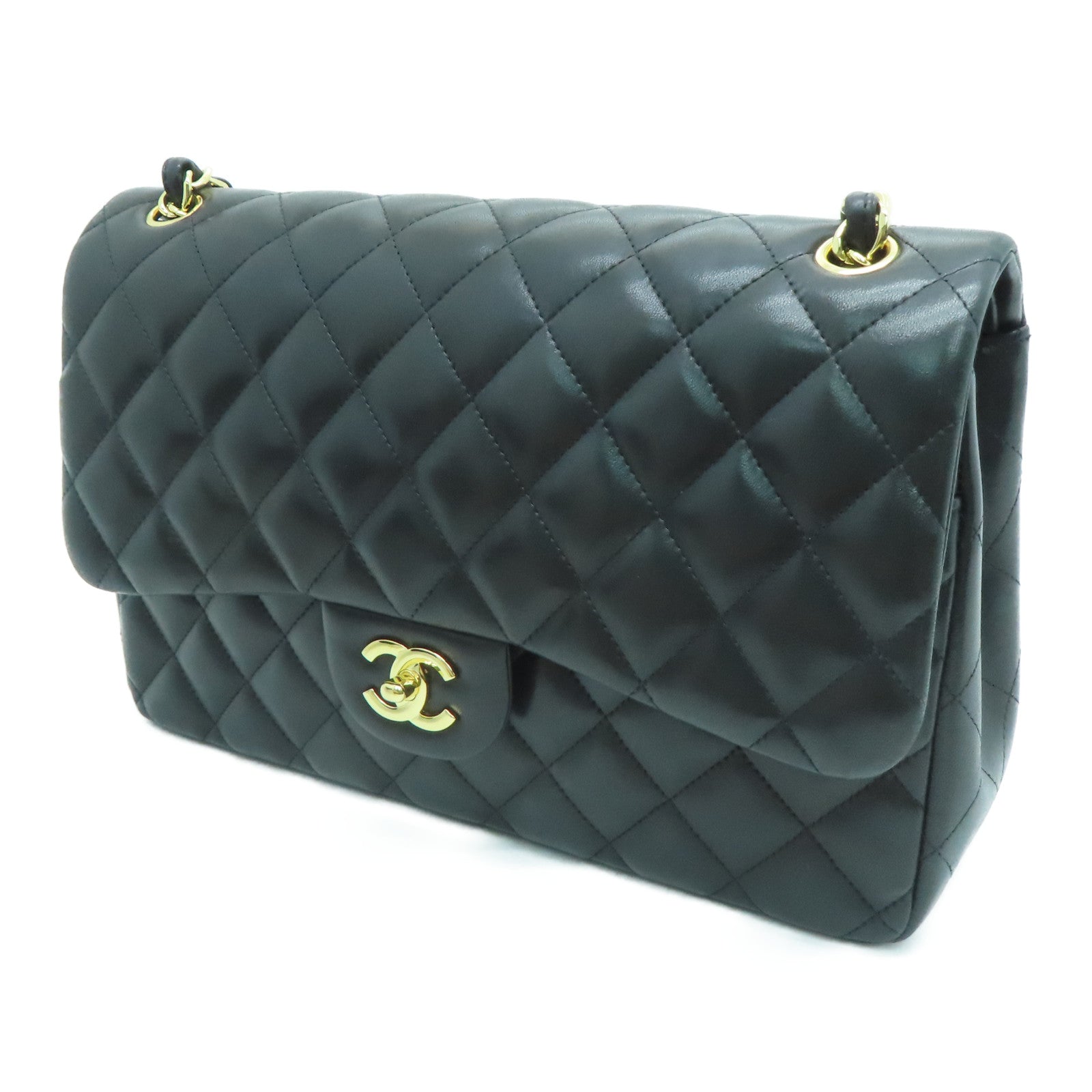 CHANEL 【激減優惠】格羊皮皮革Jumbo Classic Flap金扣鏈帶肩背袋黑色