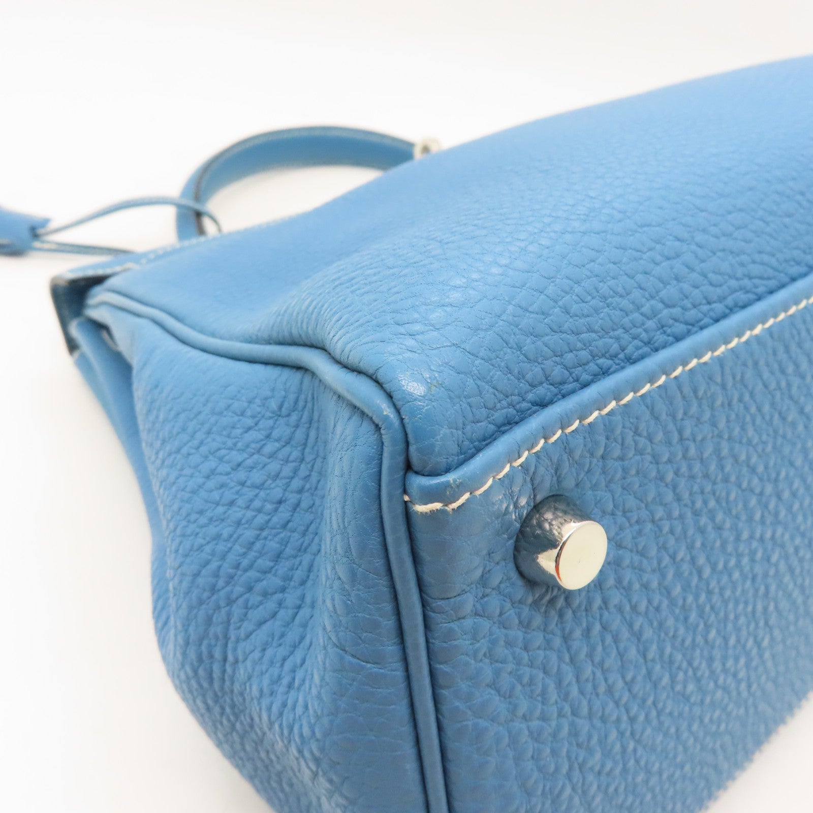 HERMES Togo Leather Kelly 32 Silver Buckle Handle Shoulder Bag Blue Jean Light Blue