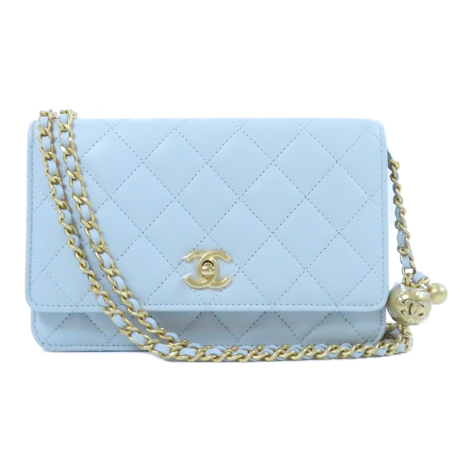 CHANEL 菱格羊皮皮革WOC金扣鏈帶肩背袋灰色
