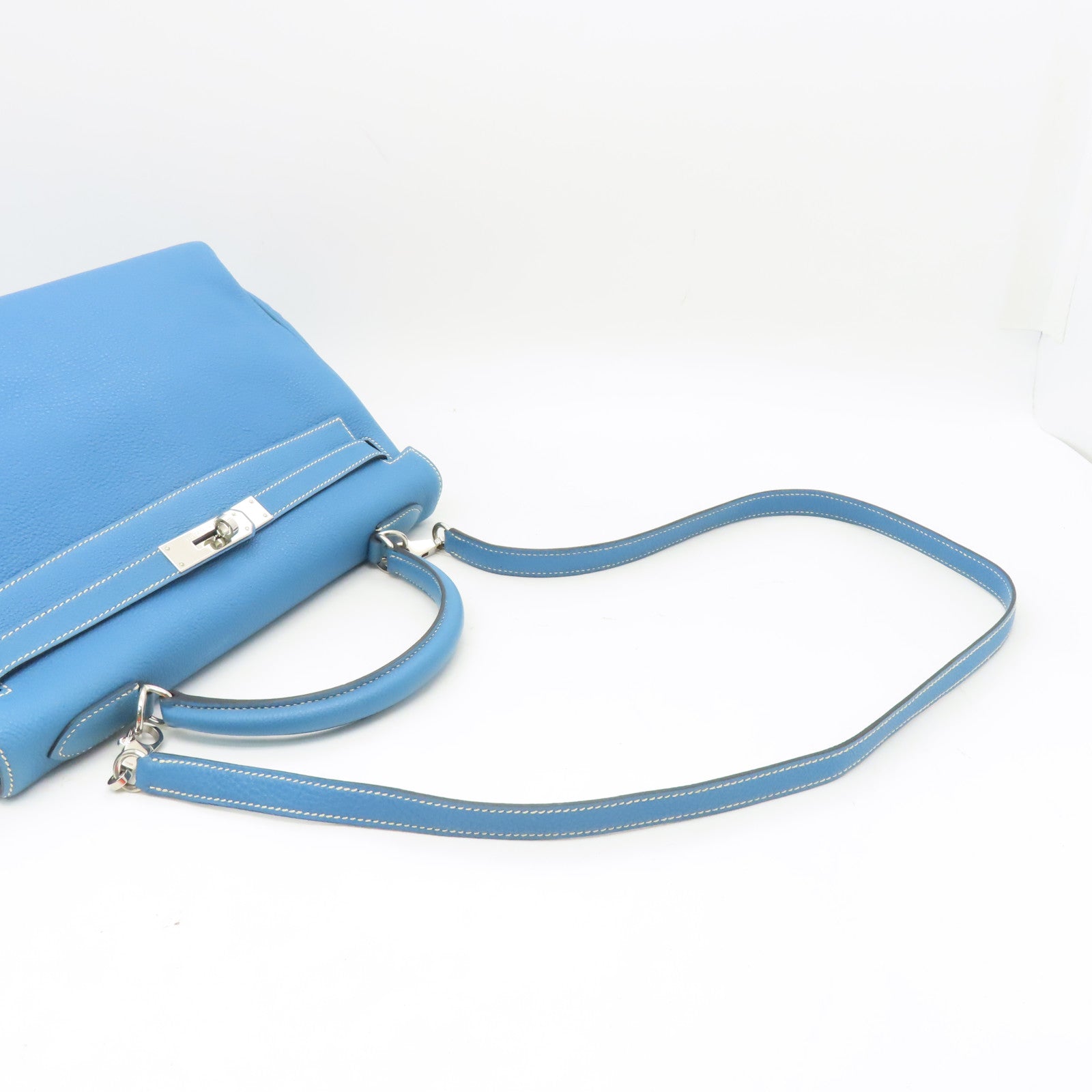 HERMES Togo Leather Kelly 32 Silver Buckle Handle Shoulder Bag Blue Jean Light Blue